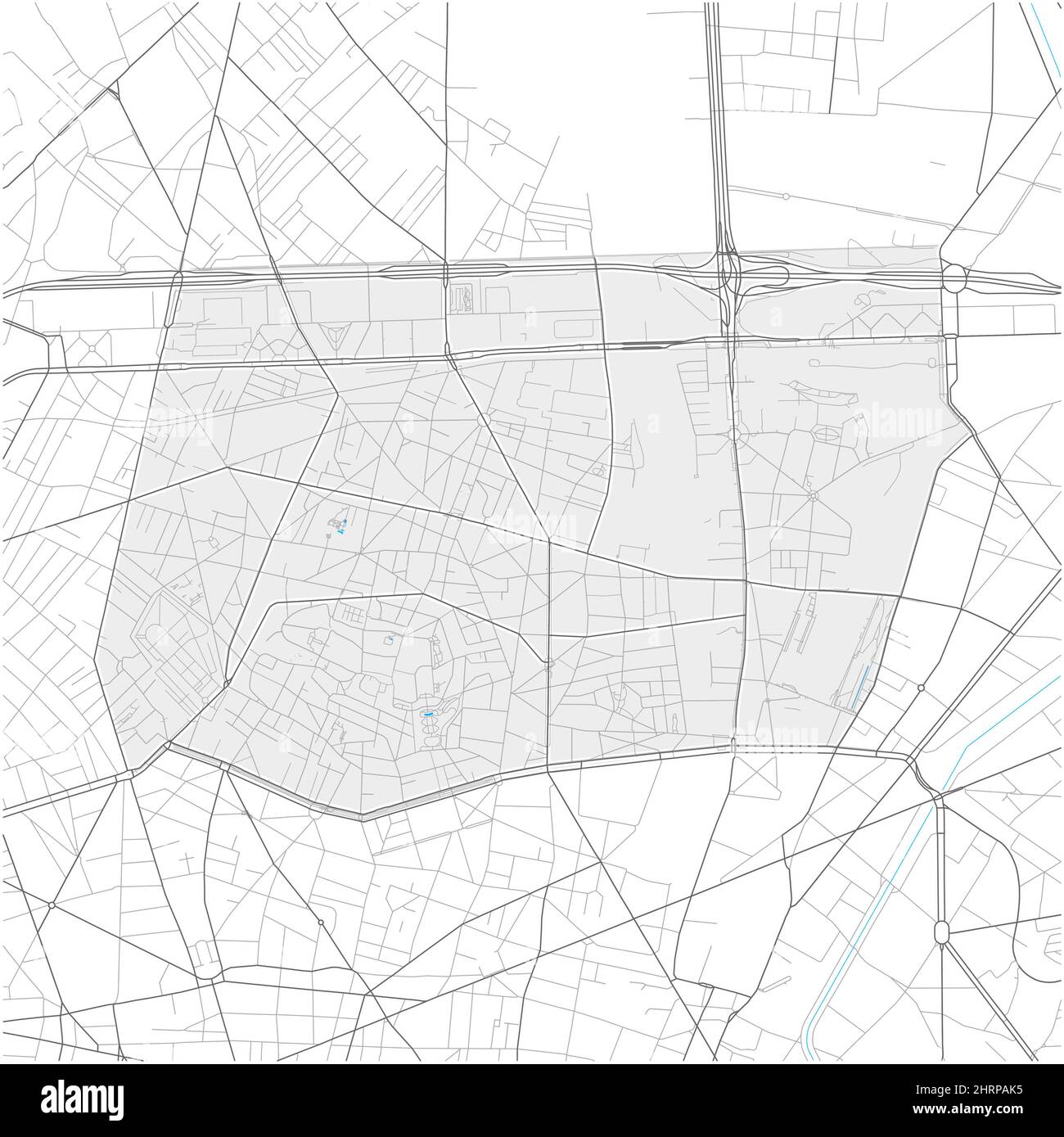 18. Arrondissement, Paris, FRANKREICH, detailreiche Vektorkarte mit Stadtgrenzen und bearbeitbaren Pfaden. Weiße Umrisse für Hauptstraßen. Viele kleinere Wege. Stock Vektor