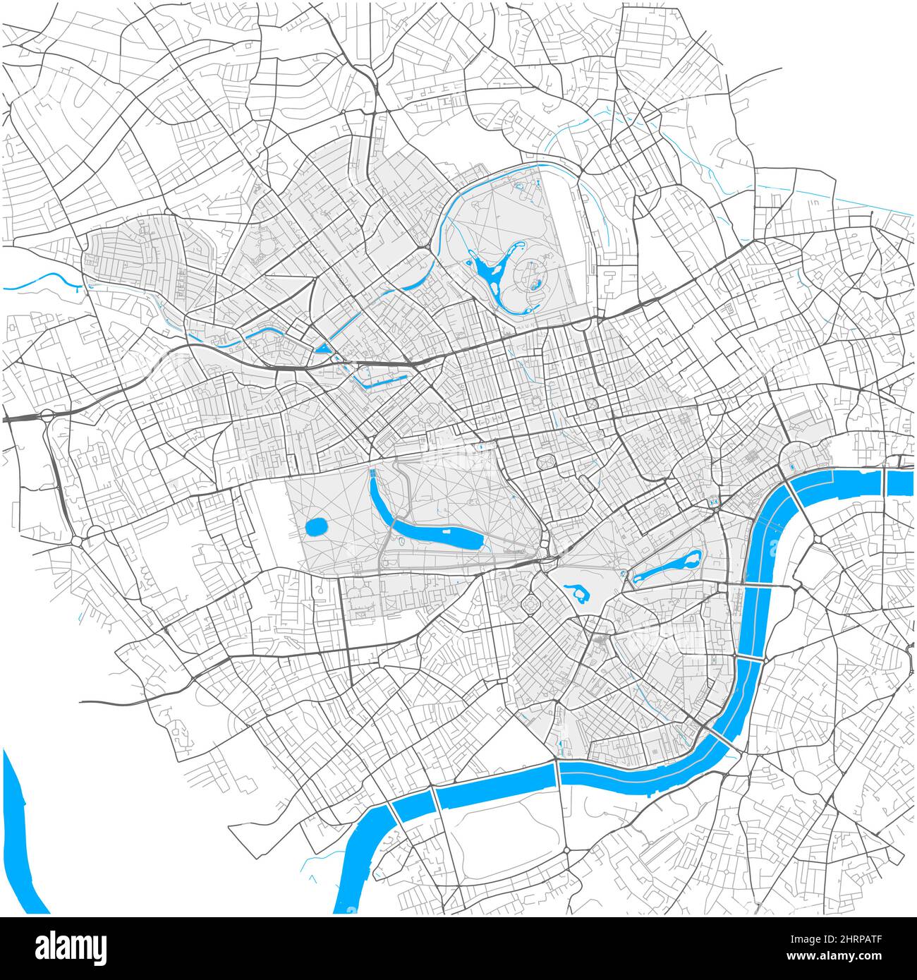 City of Westminster, London, Großbritannien, Vektorkarte mit hohen Detailgrafiken und bearbeitbaren Pfaden. Weiße Umrisse für Hauptstraßen. Viele klein Stock Vektor
