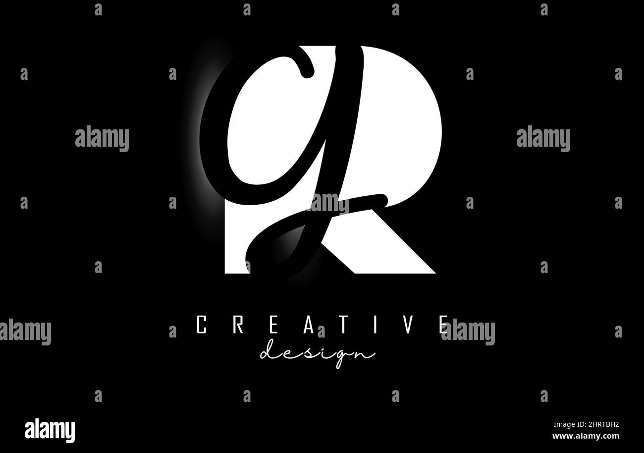 Weißes und schwarzes RG-Logo mit minimalistischem Design. Buchstaben R und G mit geometrischer und handschriftlicher Typografie. Kreative Vektorgrafik mit Stock Vektor