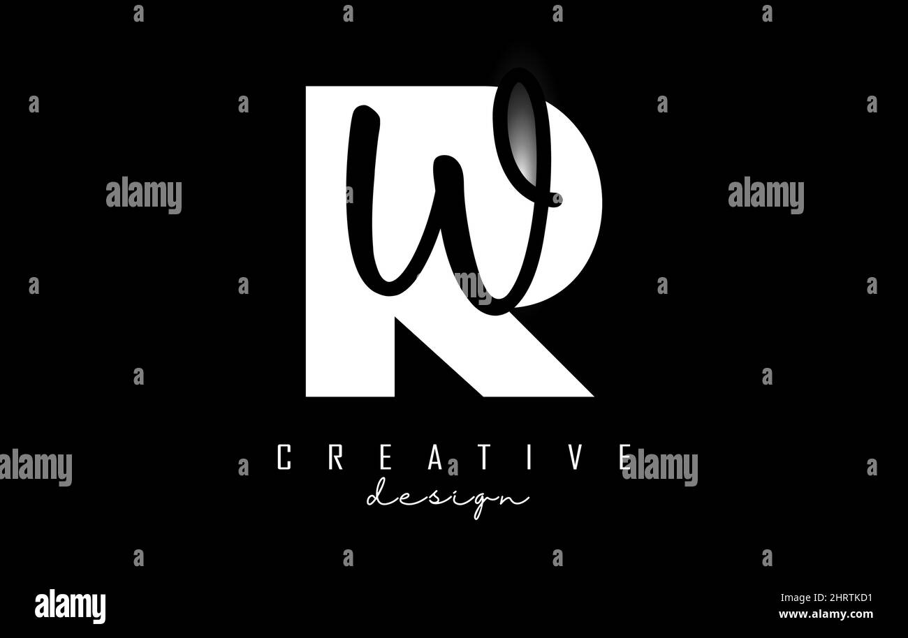 Weißes und schwarzes RW-Logo mit minimalistischem Design. Buchstaben R und W mit geometrischer und handschriftlicher Typografie. Kreative Vektorgrafik mit Stock Vektor
