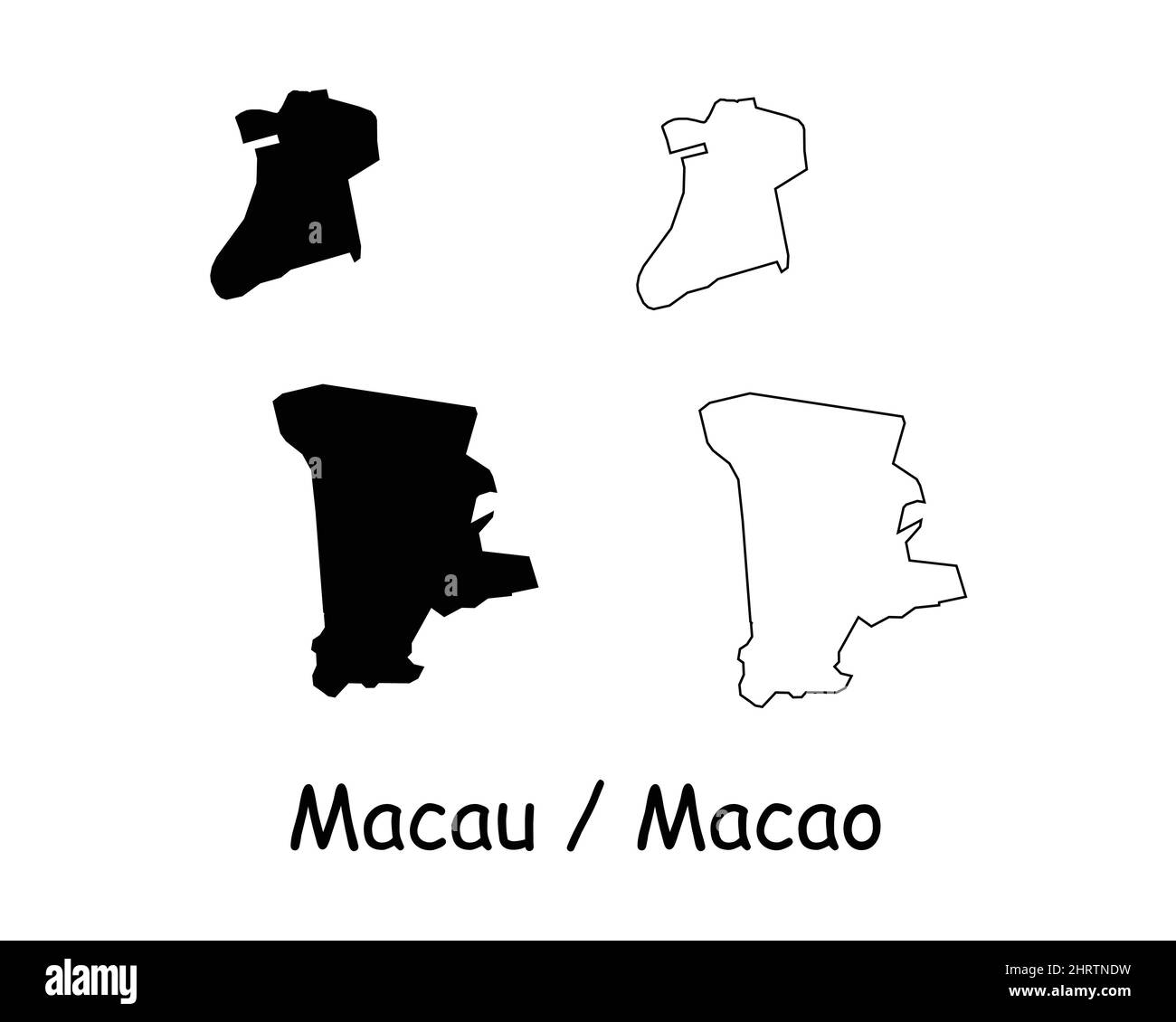 Macau-Karte. Macao Schwarz Silhouette und Umriss Karte isoliert auf weißem Hintergrund. Symbol für Symbol für die makanesische Grenze Grenzlinie Symbol Clipart EPS-Vektor Stock Vektor