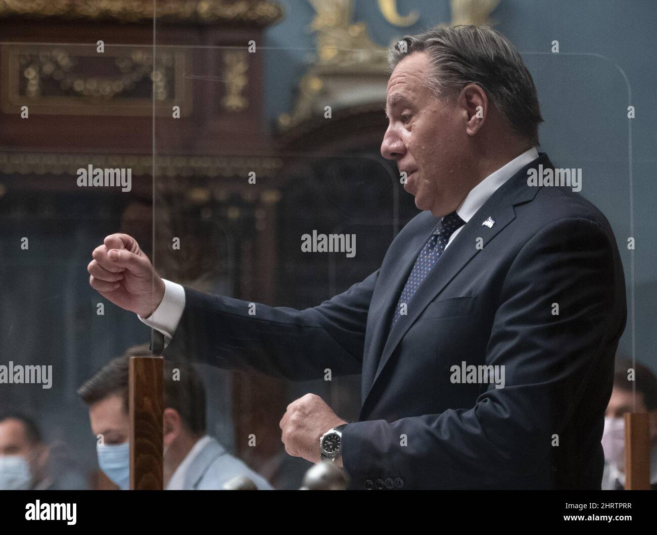 Der Premierminister von Quebec, Francois Legault, reagiert auf die Opposition während der Fragestunde am Dienstag, dem 28. September 2021, im Parlament von Quebec City. DIE KANADISCHE PRESSE/Jacques Boissinot Stockfoto