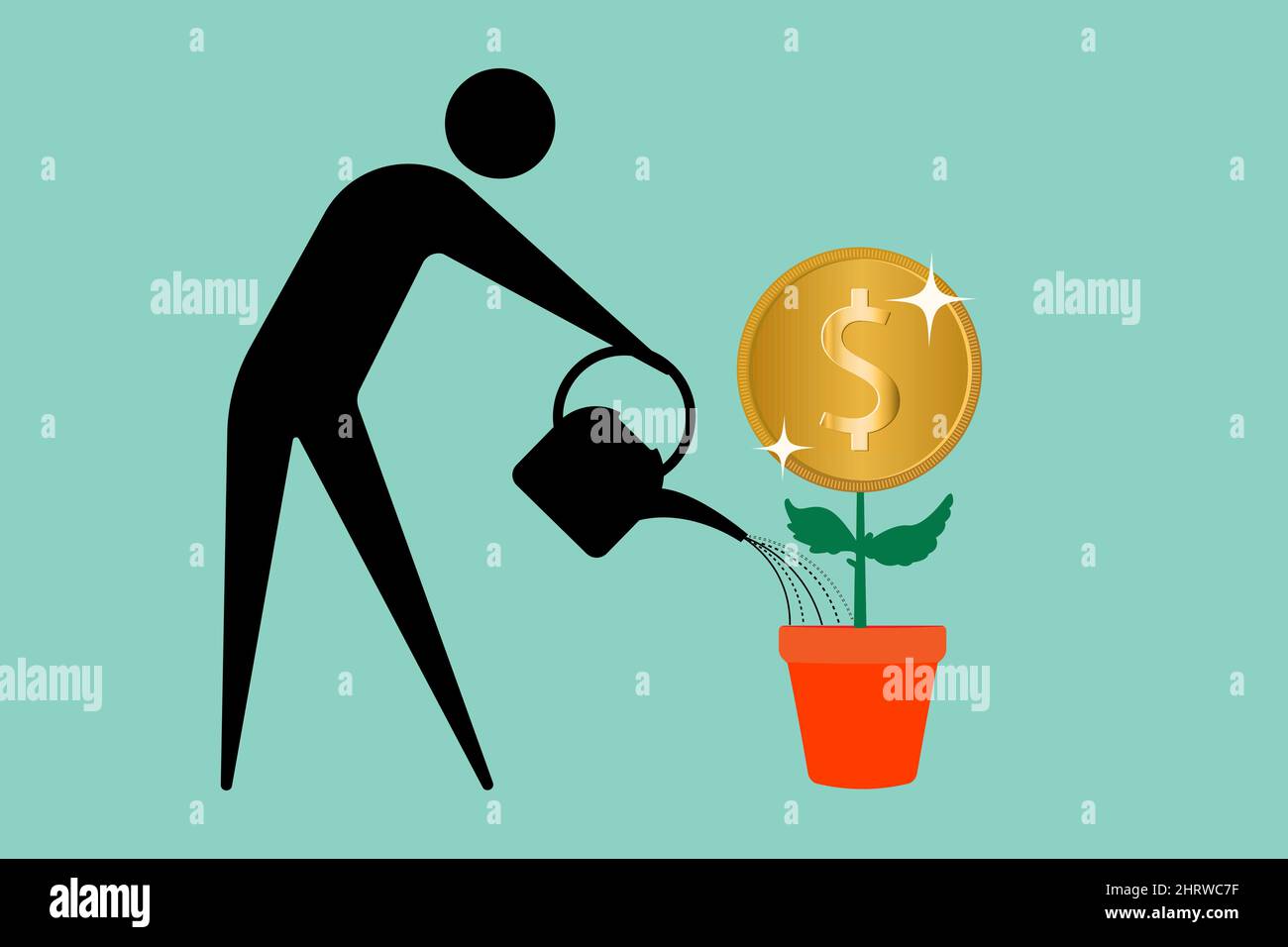Konzept für wachsendes Geld. Menschliche Ikone wässern Dollargeldanlage isoliert auf weißem Hintergrund. Vektorgrafik Stock Vektor