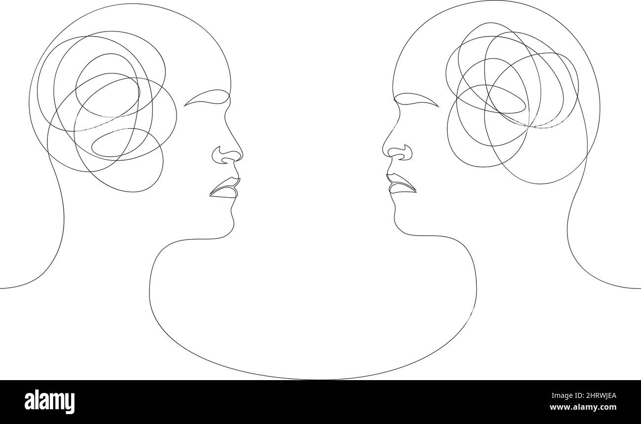 Verwirrt Gedanken und klare Gedanken Konzept. Zwei Menschen mit einem bedingten Bild des Gehirns in Form eines wirren Balls und eines geraden. Editierbar Stock Vektor