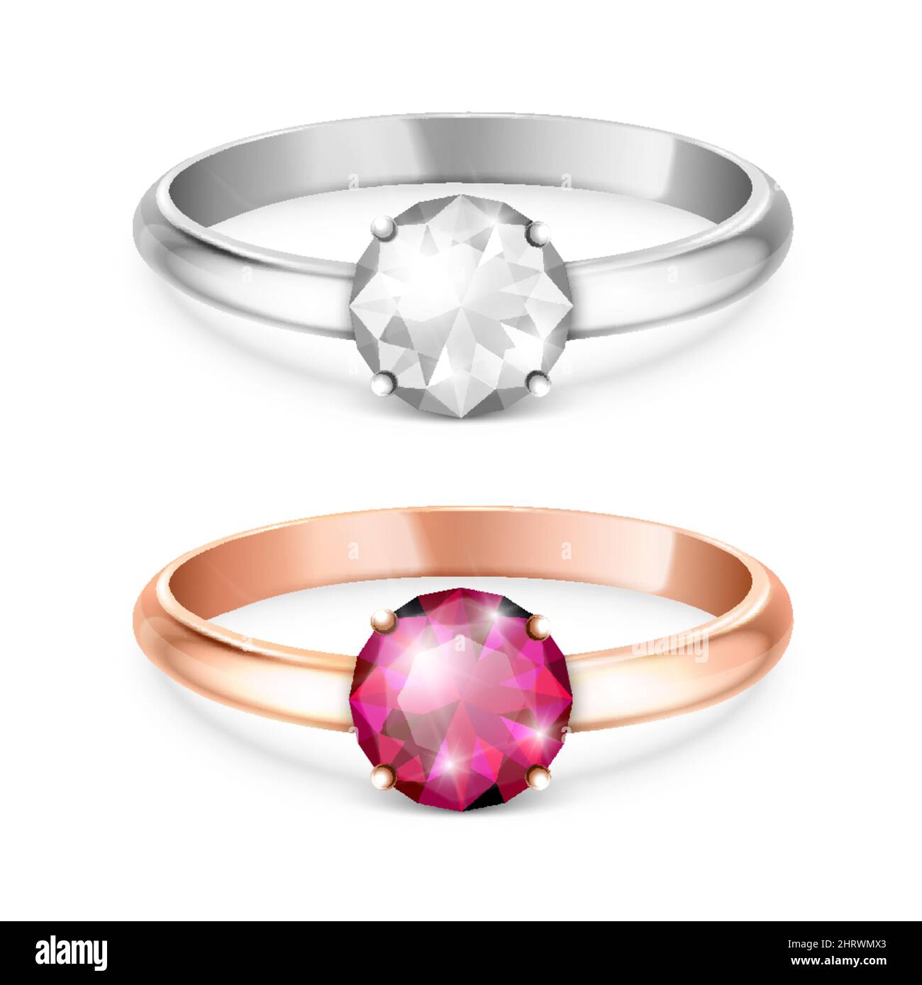 Vector 3D realistischer Hochzeitsring aus Silber und goldenem Metall mit weißem und rosafarbenem Edelstein, Diamant-Nahaufnahme isoliert. Design-Vorlage des glänzenden goldenen Rings Stock Vektor