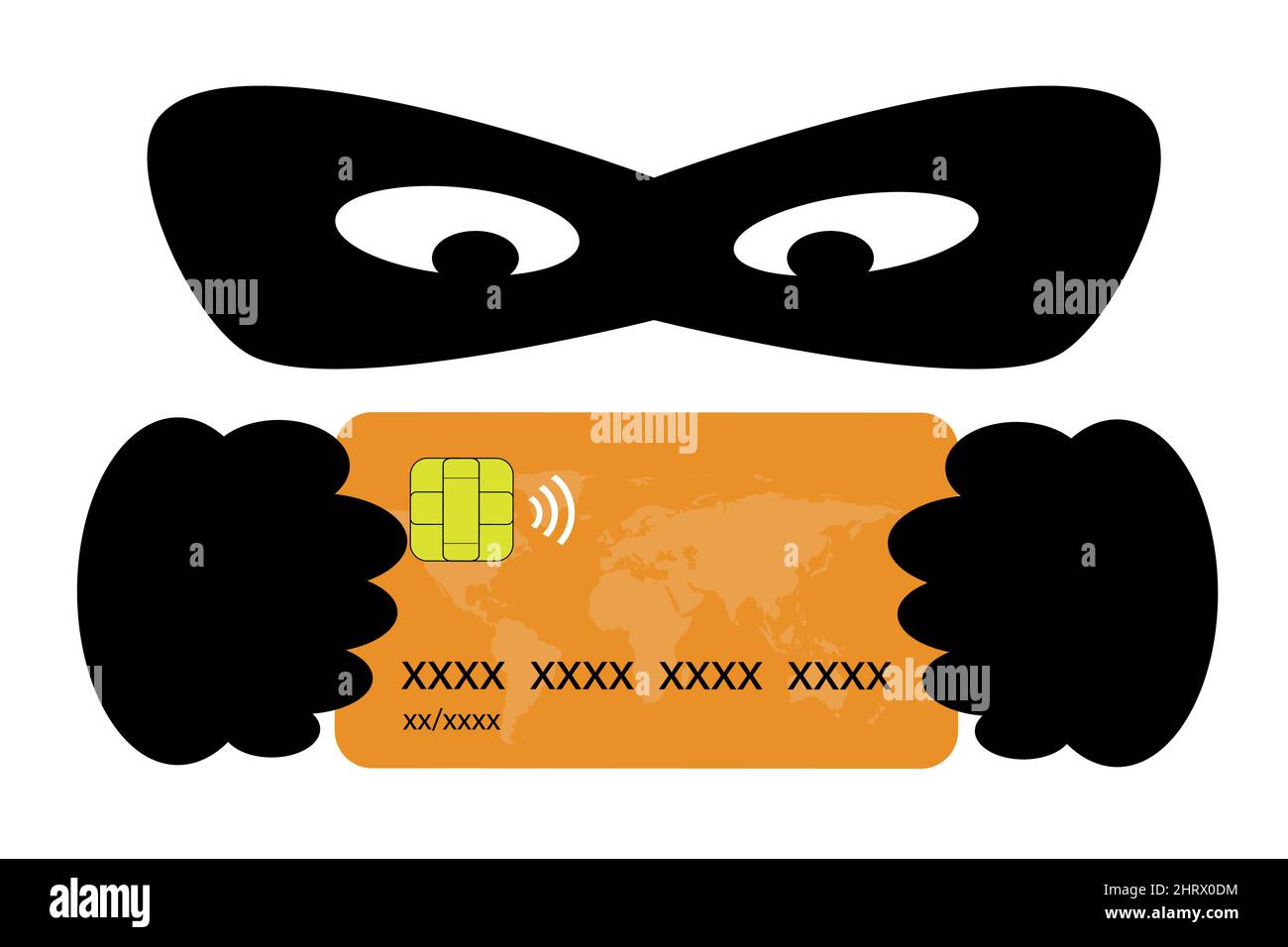 Phishing-Konzept. Dieb mit einer Maske hinter einer Kreditkarte. Betrug und Diebstahl von Bankdaten Stock Vektor