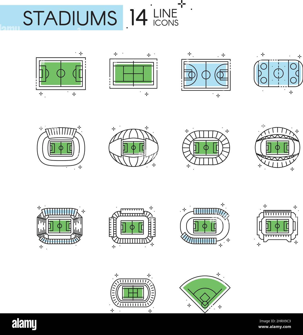 Set von verschiedenen Luftaufnahmen von Sportplätzen und Stadien Vector Stock Vektor
