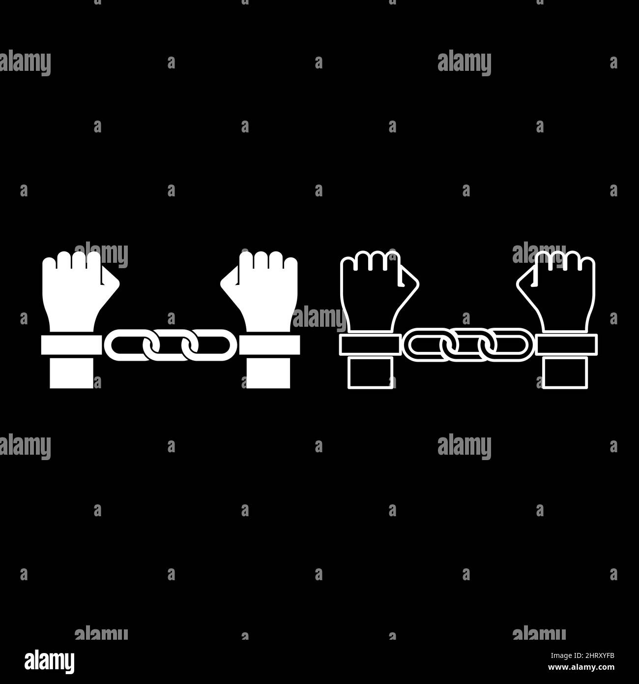 Hände in Handschellen Kriminalkonzept verhaftete Strafe Bondage Sträfling Set Symbol weiß Farbe Vektor Illustration Bild einfach solide füllen Umriss Stock Vektor