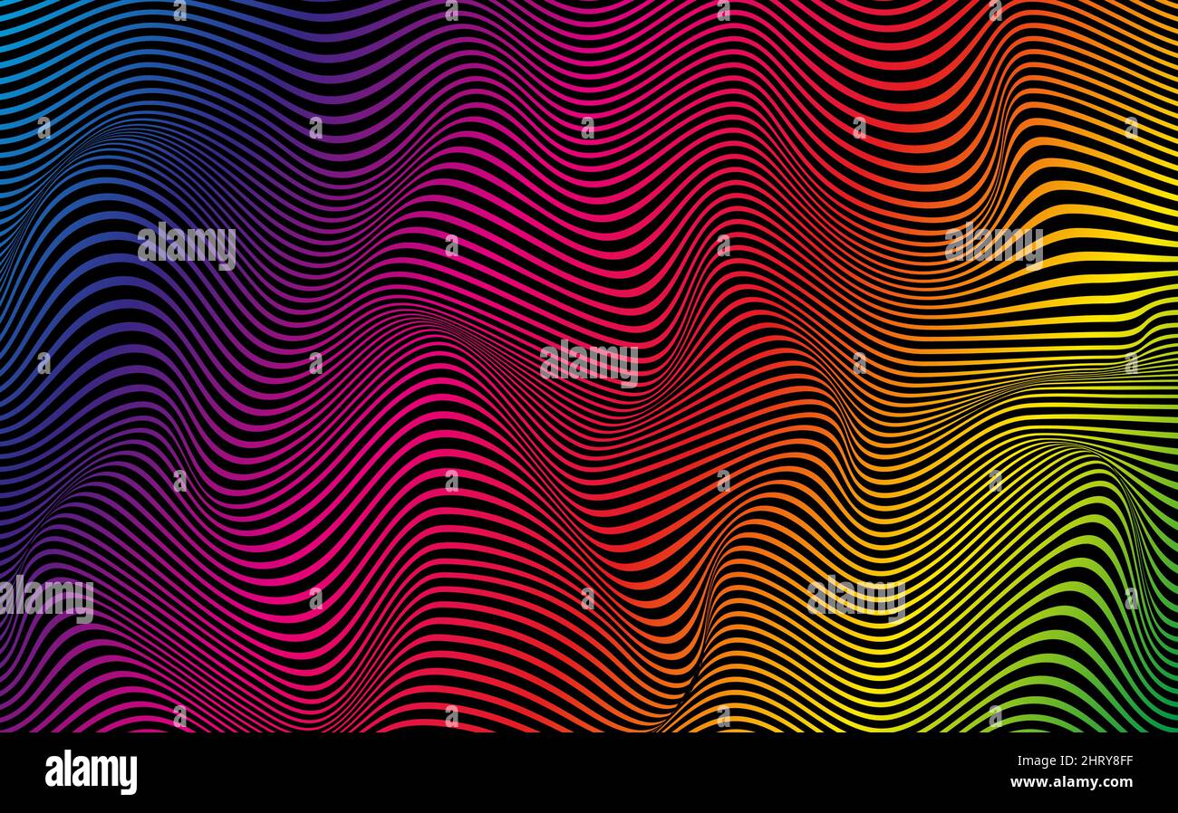 Psychedelischer Text. Abstraktes Muster. Textur mit gewellten, kurvenförmigen Streifen. Hintergrund für optische Kunst. Wellenfarbenes Farbverlauf, Vektorgrafik Stock Vektor