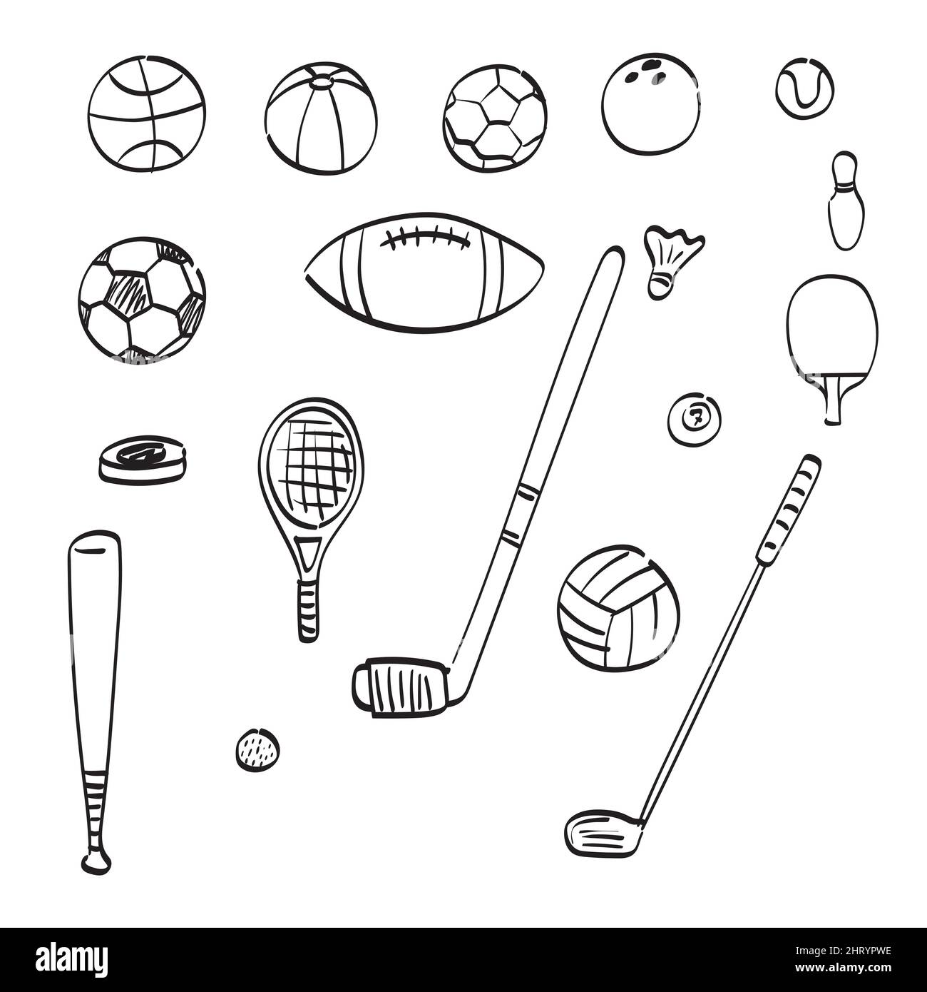 Linie Kunst Satz von Sportausrüstung Illustration Vektor Hand gezeichnet isoliert auf weißem Hintergrund Stock Vektor