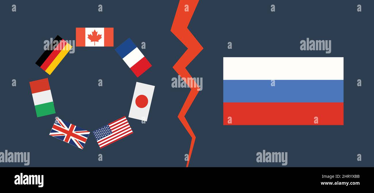 Russische Flagge im Vergleich zu G7 Länderflaggen. Konzept des Krieges Stock Vektor
