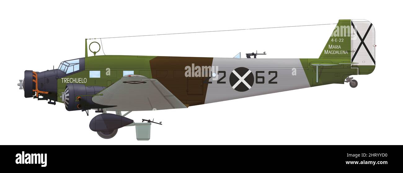 Junkers Ju 52/3m (22○62) der Escuadrilla 4-E-22 (Flug 4-E-22) der Grupo 2-G-22 (Gruppe 2-G-22) der Spanish National Aviation, November 1936 Stockfoto