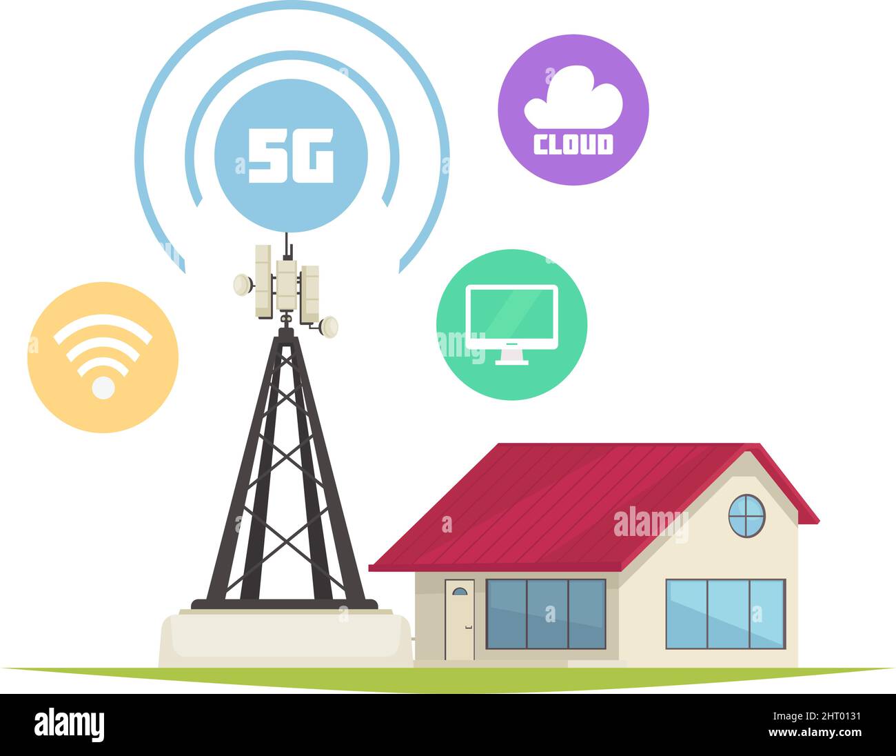 5G Internet-Technologie-Komposition mit isoliertem Bild von Smart House mit Mobilfunkturm und runden Symbolen Vektor-Illustration Stock Vektor