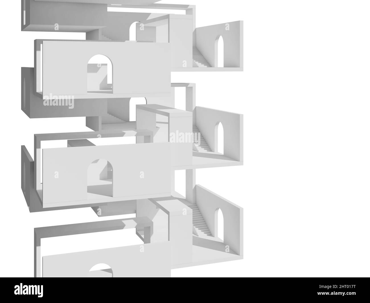 Abstrakter weißer Turm, isoliert auf weißem Hintergrund, leere Ebenen mit Treppen und Bogentüren, 3D Rendering Illustration Stockfoto