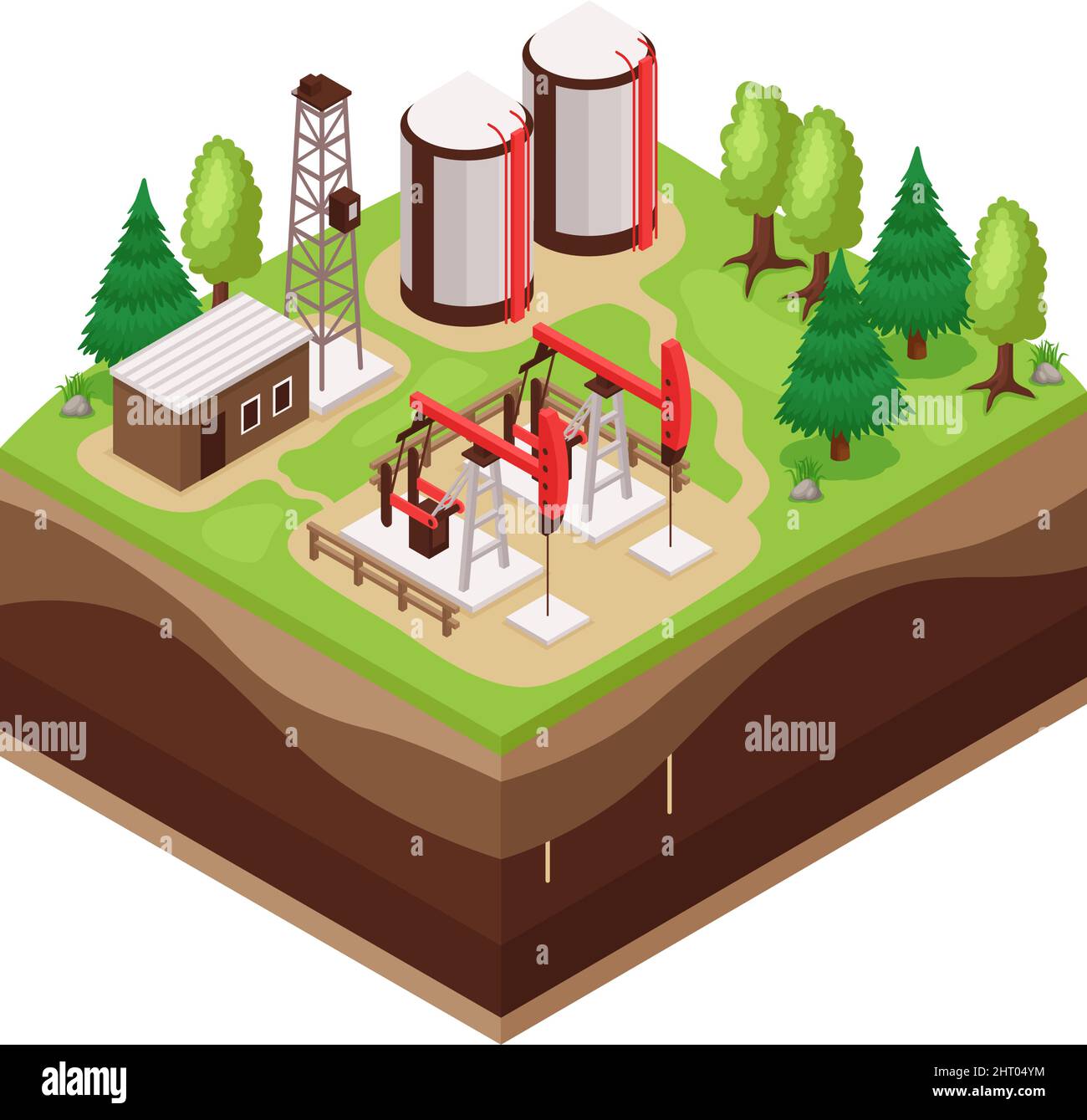 Isometrische Zusammensetzung der natürlichen ökologischen Landressourcen mit Darstellung des Vektorgrafiks für die Ölförderung Stock Vektor