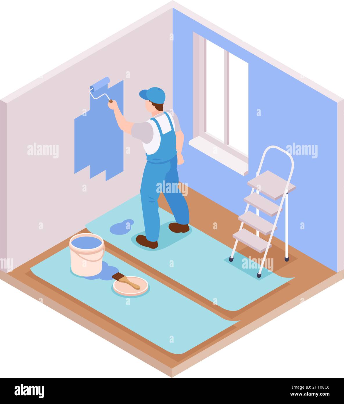 Isometrische Reparaturen Zusammensetzung mit Blick auf Wohnzimmer mit Charakter der Werkstatt Malerei Wand Vektor-Illustration Stock Vektor