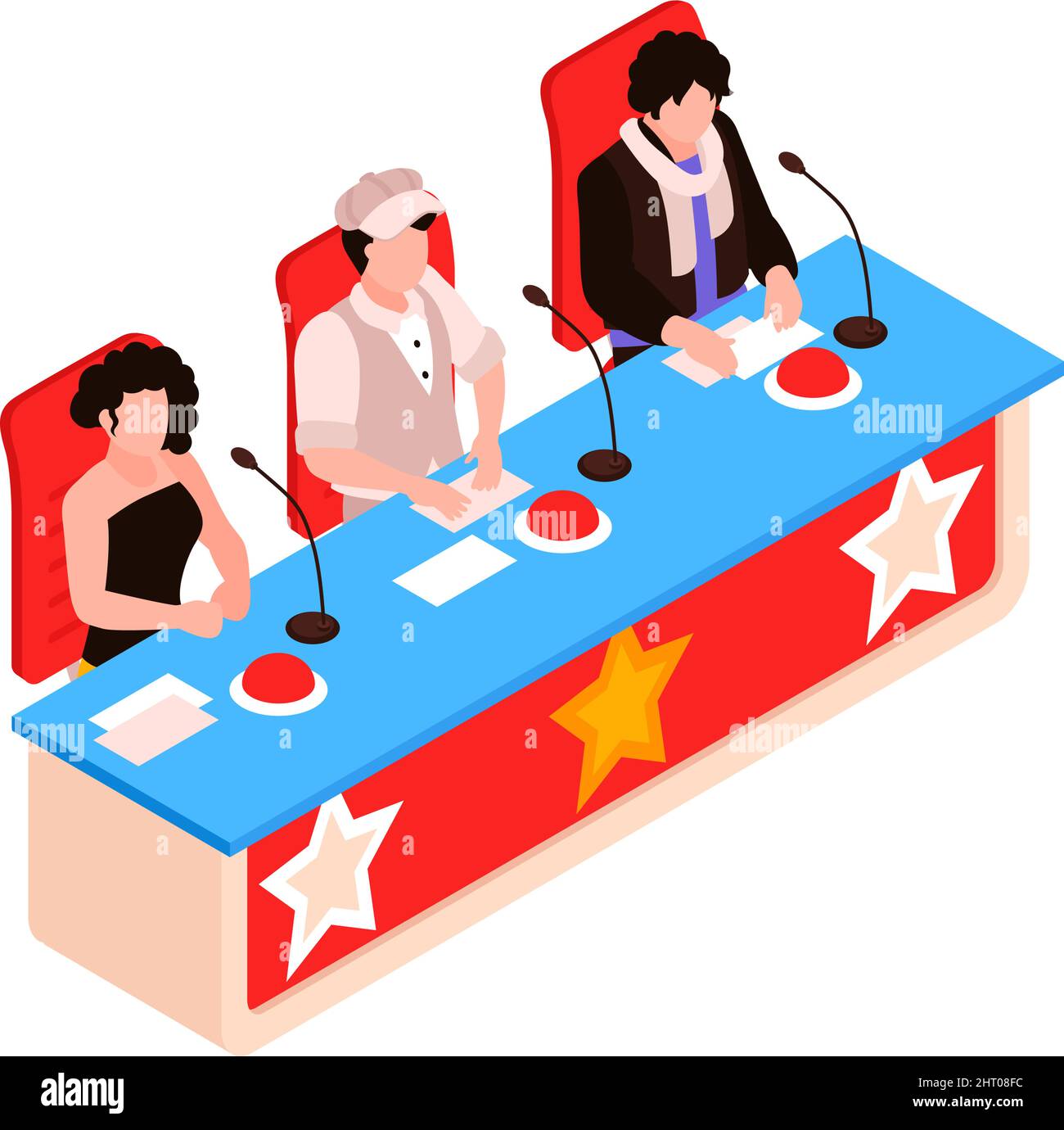 Isometrische Talent zeigen tv-Programm Zusammensetzung mit Charakteren von drei-Sterne-Richter sitzen am Tisch mit Tasten und Mikrofone Vektor-Illustration Stock Vektor