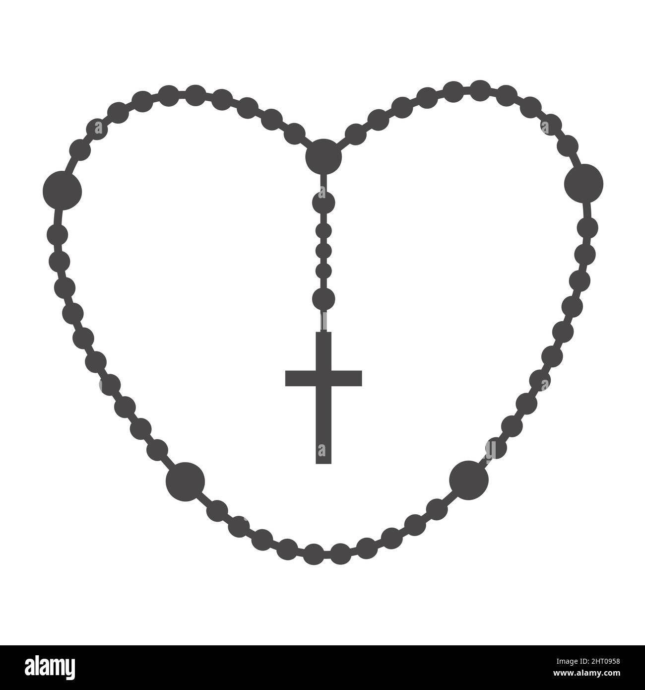 Rosenkranz Perlen Silhouette. Gebetsschmuck für Meditation. Katholischer Kaplet mit Kreuz. Religionssymbol. Vektorgrafik. Stock Vektor