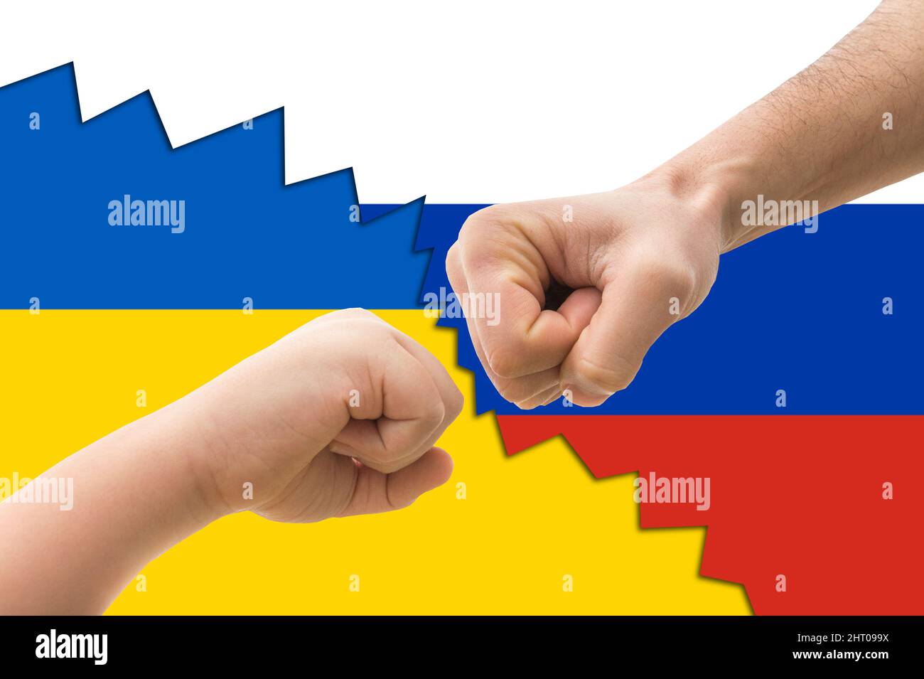 Russland Ukraine-Konflikt. Punch to Punch, auf Nationalflaggen Hintergrund. Stockfoto