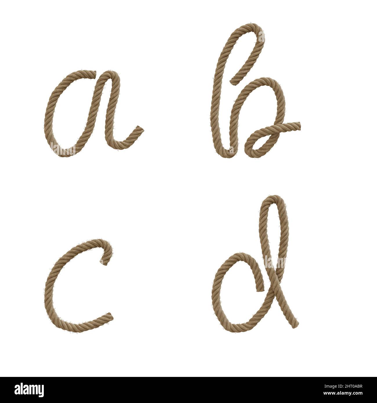 3D Darstellung von Hanfseil Kleinbuchstaben Alphabet - Buchstaben a-d Stockfoto