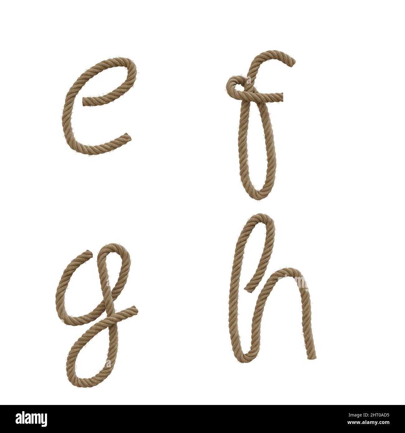 3D Darstellung von Hanfseil Kleinbuchstaben Alphabet - Buchstaben e-h Stockfoto