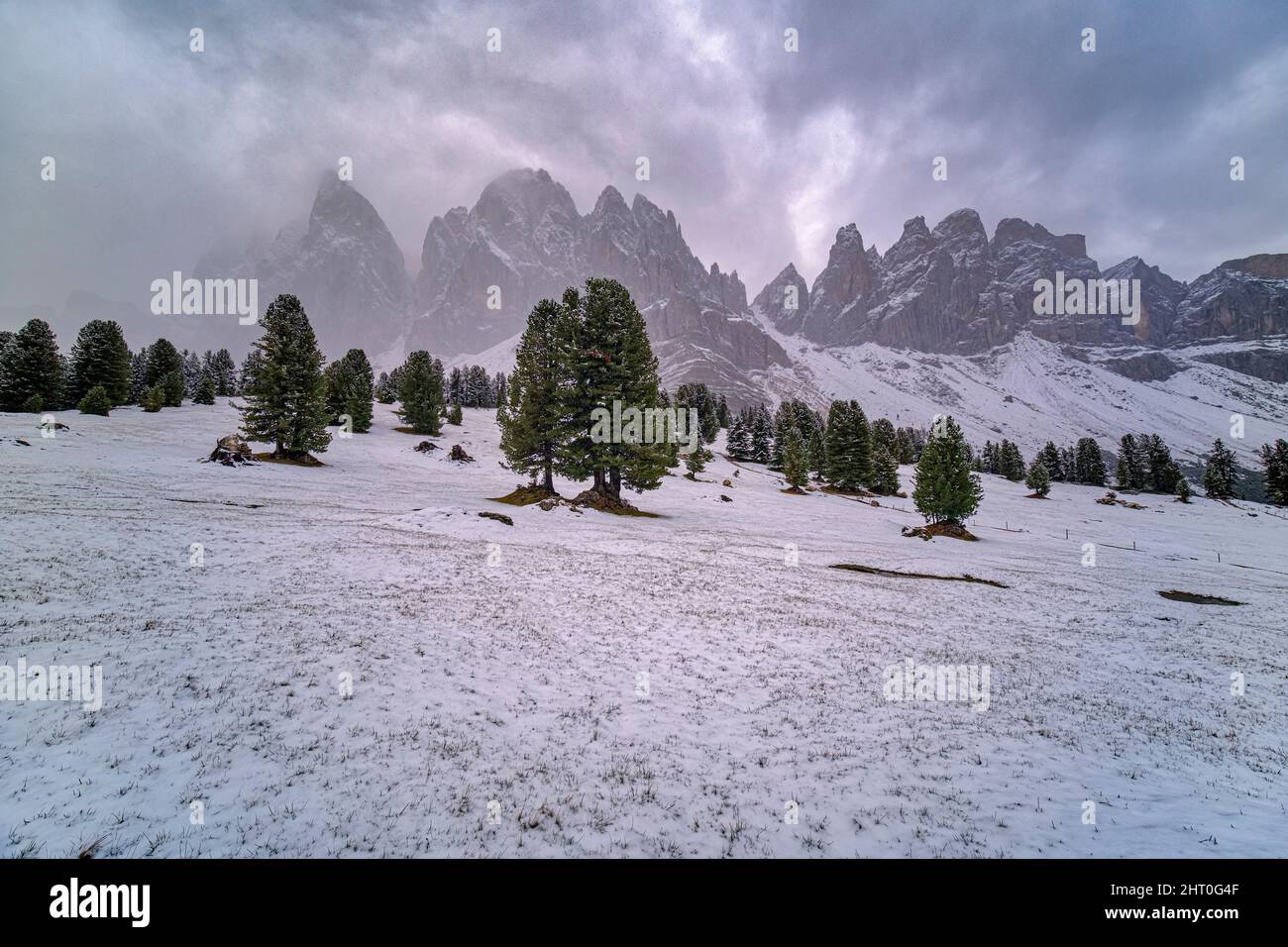 Blick auf Nordwände und Gipfel der Geisler Gruppe, von der Geisler Alm aus gesehen nach Schneefall im Herbst. Stockfoto