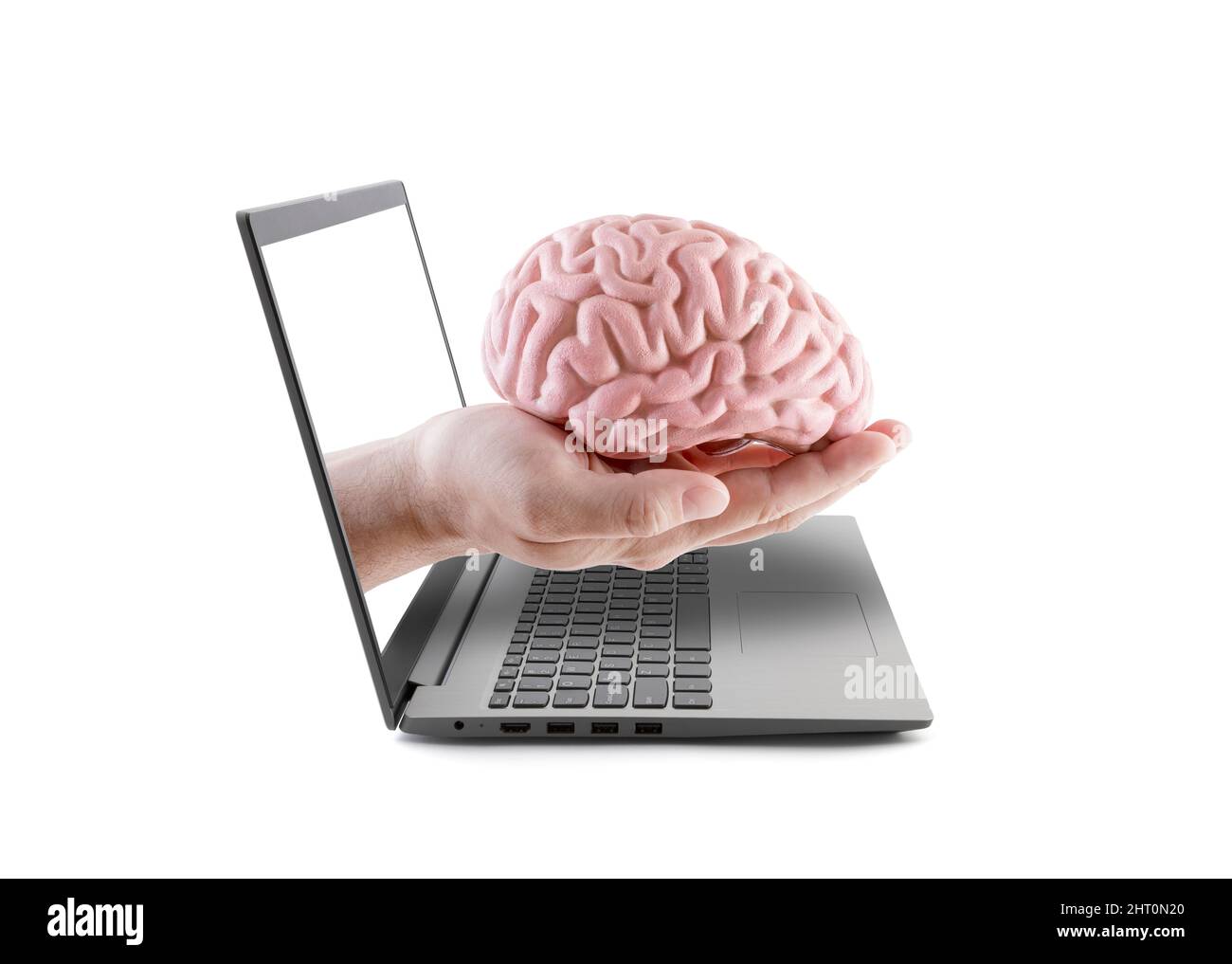Menschliches Gehirn auf der Hand aus einem Laptop-Bildschirm isoliert auf weiß Stockfoto