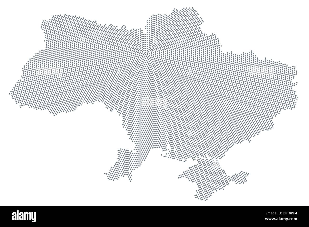 Ukraine-Karte, radiales Punktmuster. Graue Punkte aus der Hauptstadt Kiew (Kiew) nach außen und bilden die Silhouette des osteuropäischen Landes. Stockfoto