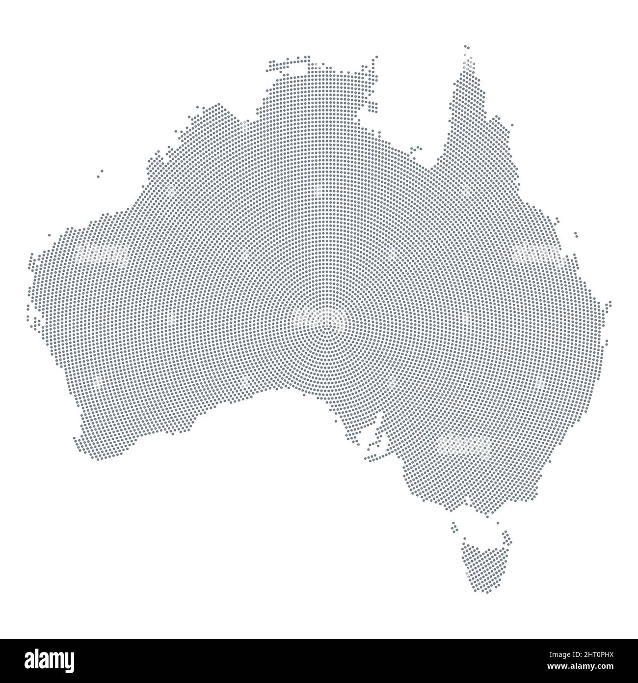 Australien-Karte, radiales Punktmuster. Graue Punkte aus dem Tallaringa Conservation Park, Südaustralien, nach außen, bilden die Silhouette des Landes. Stockfoto