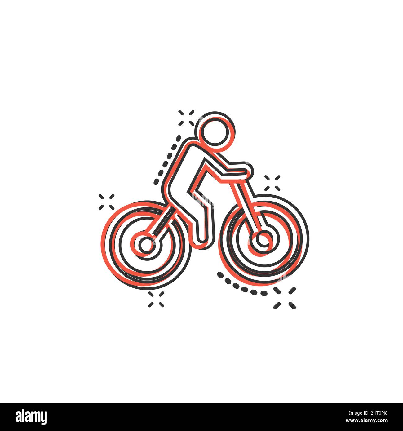 Fahrrad-Ikone im Comic-Stil. Fahrrad mit Menschen Cartoon-Vektor-Illustration auf weißem isolierten Hintergrund. Rider Splash Effect Geschäftskonzept. Stock Vektor