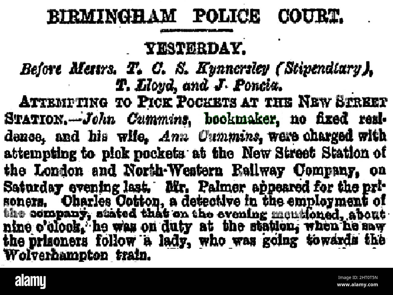 Birmingham Daily Post 13. Dezember 1864; - Zeitungsbericht über Taschendiebe vor Gericht wurde beschuldigt, versucht zu haben, Taschen an der New Street Station zu holen (die Londoner und North Western Railway Company John Cummins und seine Frau Ann Cummins ohne festen Wohnsitz wurden von einem Herrn Palmer vertreten, Vermutlich ein Anwalt und wurden von einem Detektiv Charles Cotton vor T C S Kynnersley (Stipendiary), T Lloyd und J Poncia verfolgt. Stockfoto