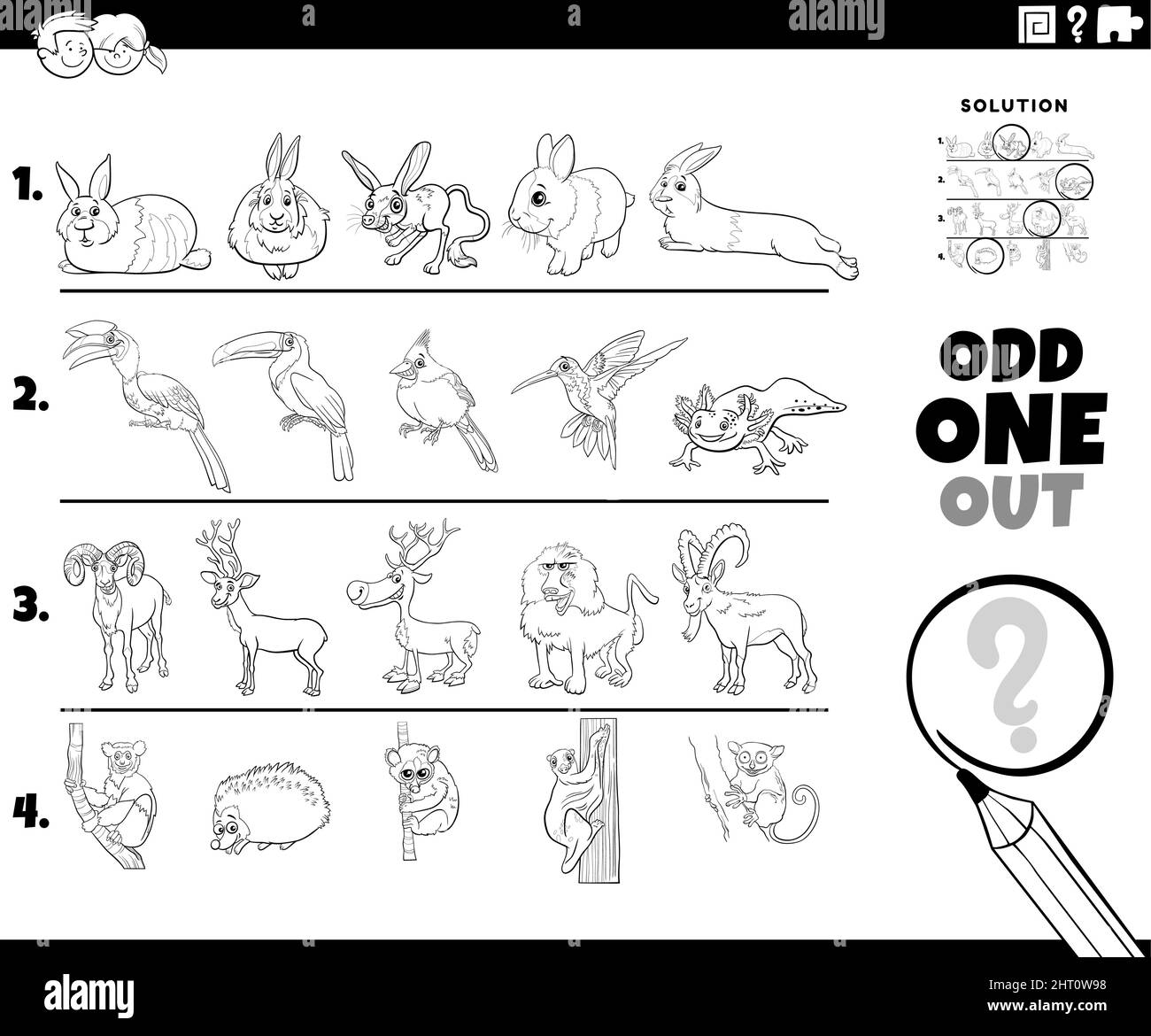 Schwarz-Weiß-Cartoon-Illustration von ungeraden ein Bild in einer Reihe pädagogische Aufgabe für Kinder mit Comic-Tierfiguren Färbung Buchseite Stock Vektor