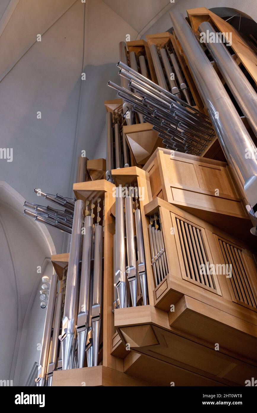 Große Pfeifenorgel des deutschen Orgelbauers Johannes Klais aus Bonn, Kirche Hallgrímskirkja, Reykjavik, Island Stockfoto