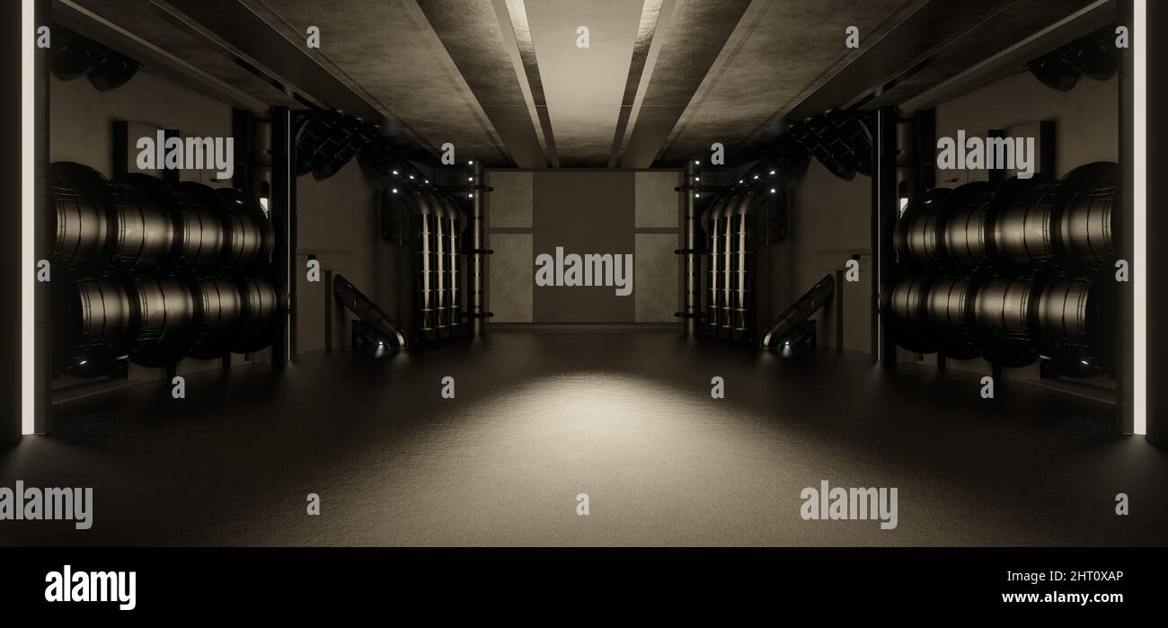 Abstrakt futuristischer Hangar dystopisch Dunkelgrün Farben abstrakter Hintergrund Interdimensional verwendet als Tapete 3D Illustration Stockfoto