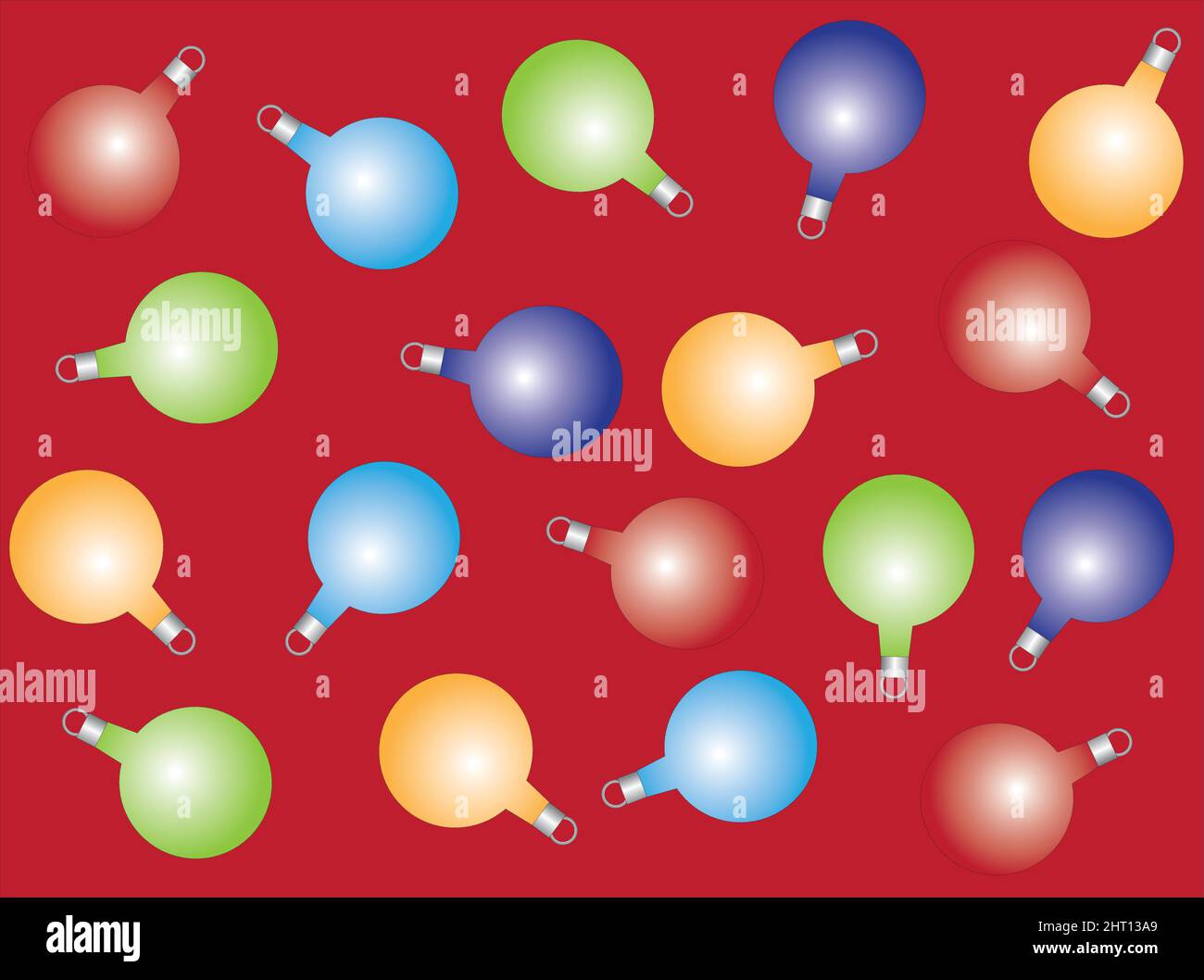 Vektorgrafiken, die die Textur verschiedenfarbiger Weihnachtskugeln auf einem roten Hintergrund darstellen. Stock Vektor