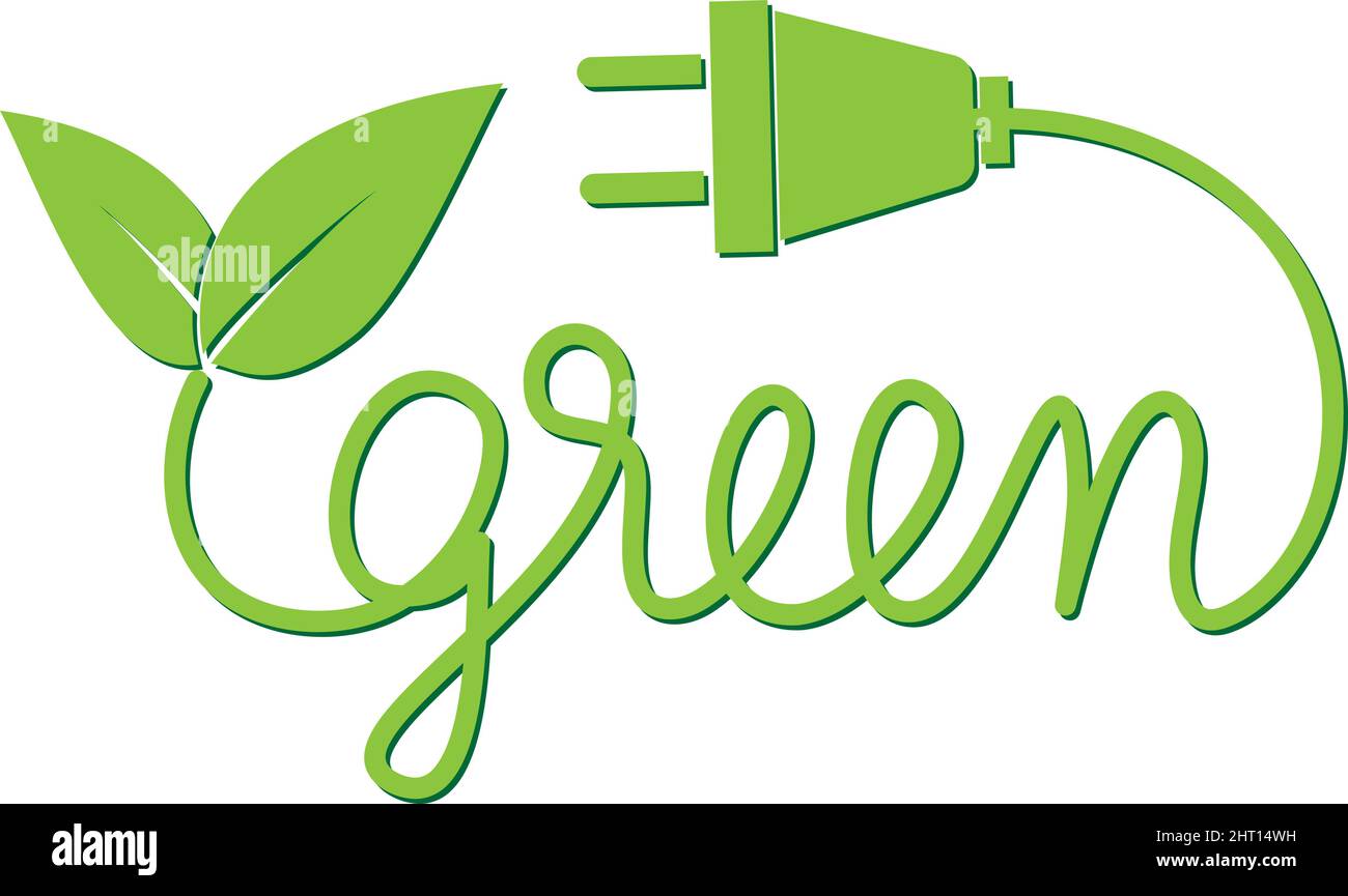 Grünes Symbol für nachhaltige Energie, handgeschriebenes Wort GRÜN mit Blättern und elektrischem Stecker, Vektorgrafik Stock Vektor