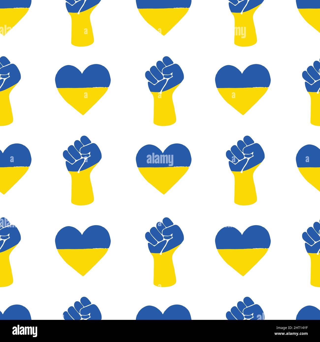 Ukraine nahtloser Vektor-Hintergrund. Herzformen mit erhobener Faust in den ukrainischen Nationalfarben blau gelb. Wiederholtes Muster. Unterstützen Sie den Hintergrund der Ukraine. Stock Vektor