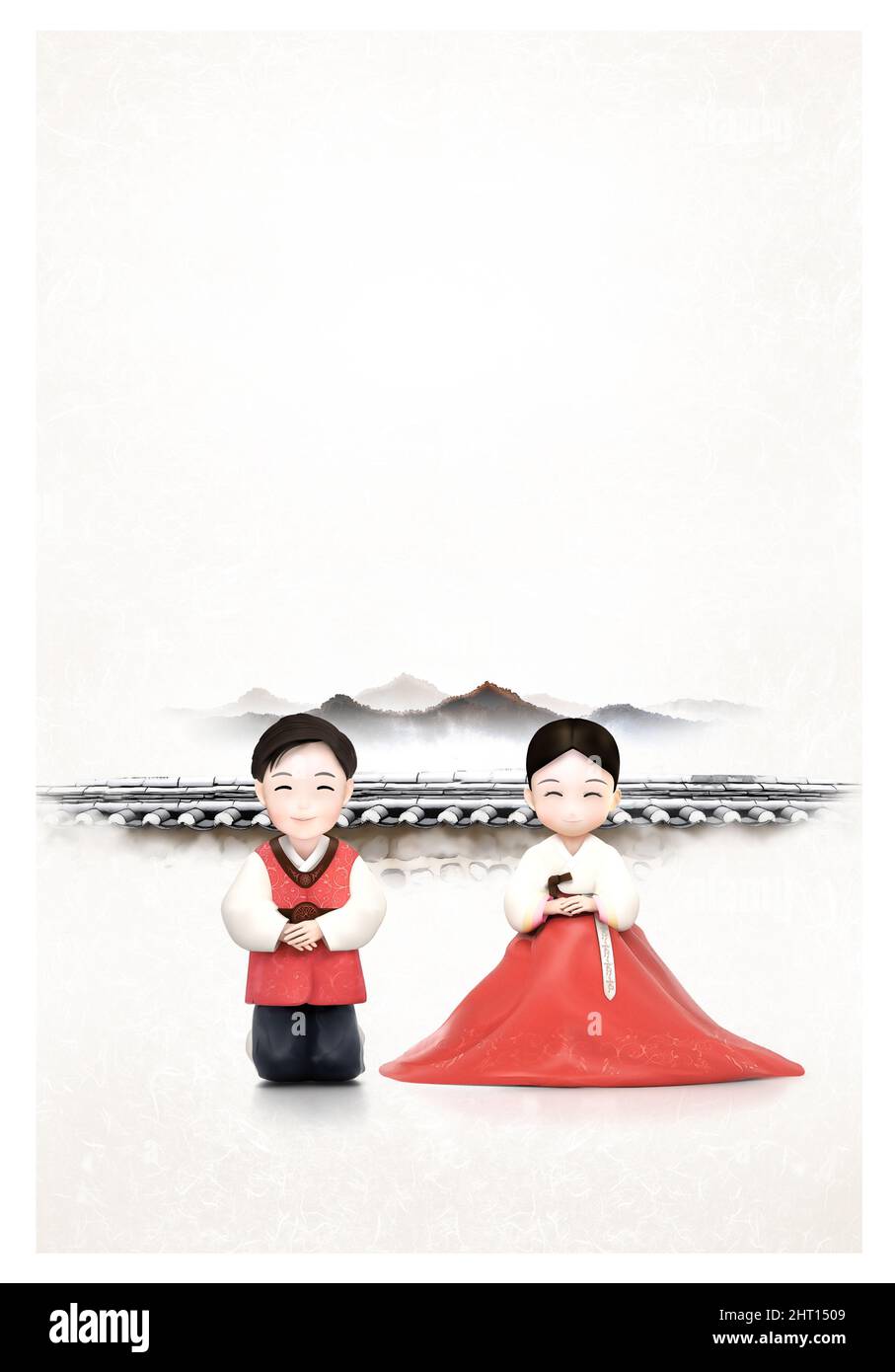 Die traditionelle koreanische Ferienkultur, in der Paare in hanbok Glück wünschen und das neue Jahr vor dem Hintergrund eines gefliesten Hauses und einer fe begrüßen Stockfoto