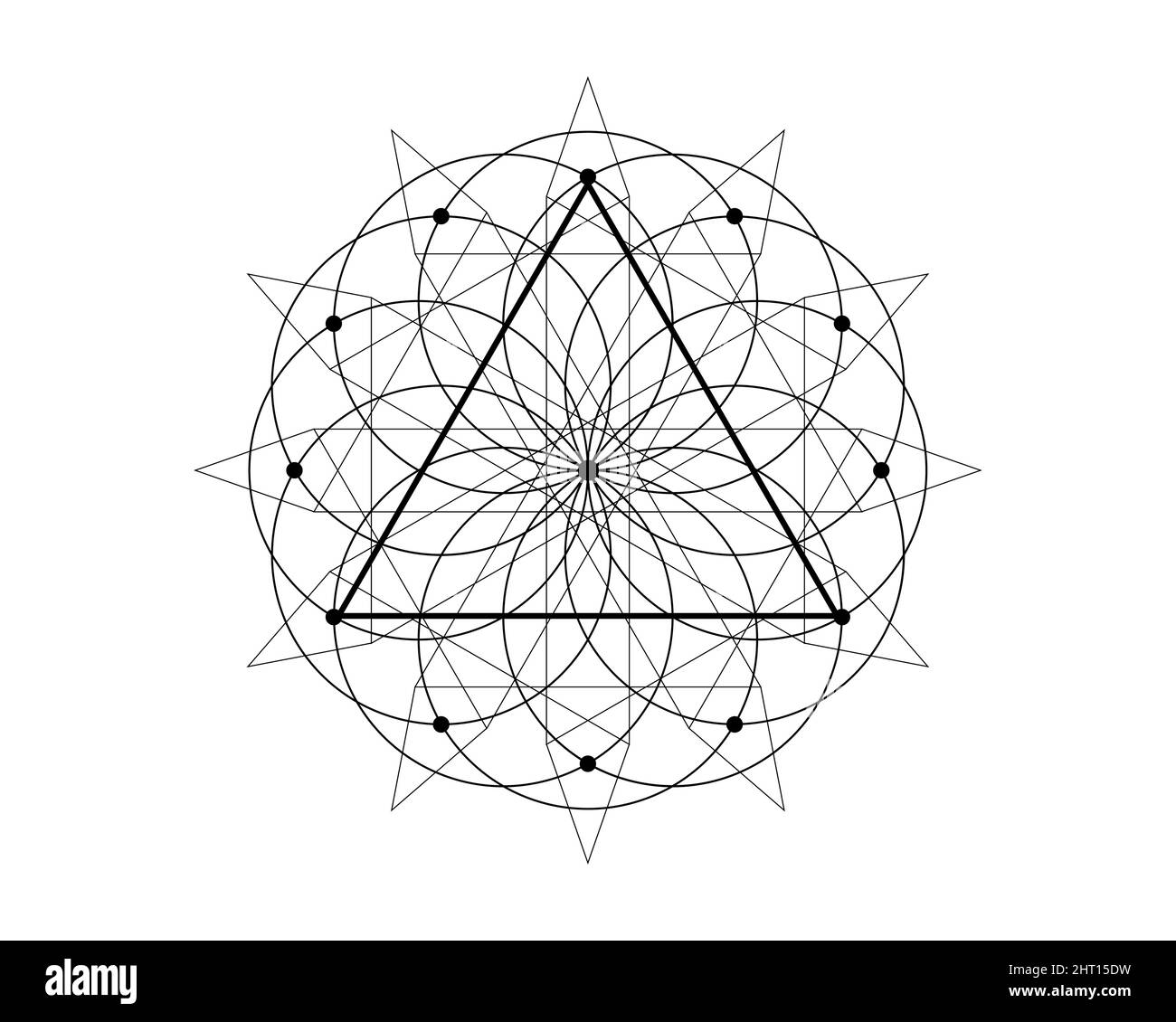 Magische Dreieckszeichen der heiligen Geometrie, drittes Augenzeichen. Geometrisches mystisches Mandala der Alchemie esoterische Blume des Lebens. Vektorkreis für schwarze Linien Stock Vektor