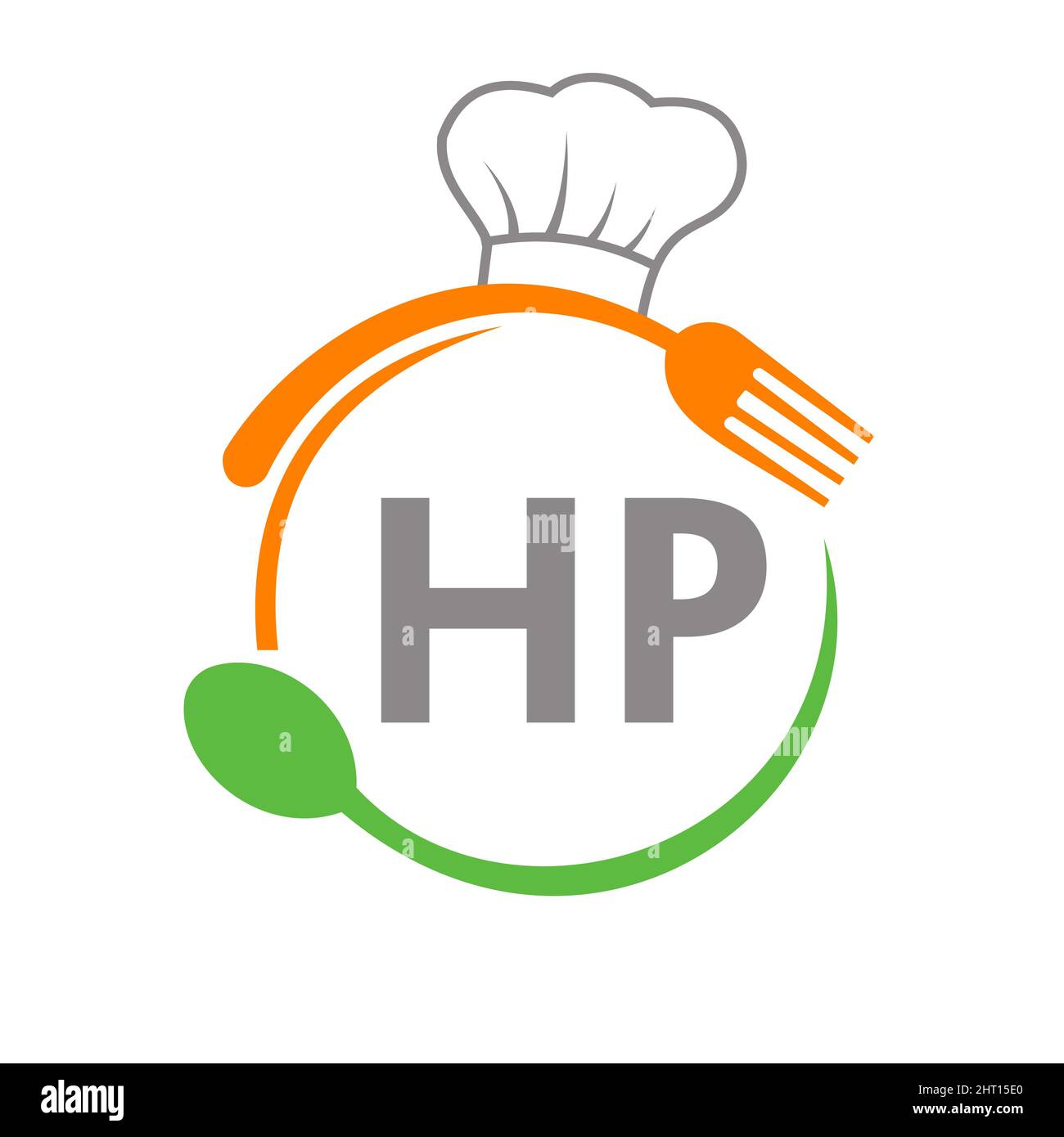 HP Restaurant-Logo mit Schriftzug und Vorlage für Kochmütze und Gabel. Restaurant Logo auf Brief HP Barbecue, Cafe Logo Vector Stock Vektor