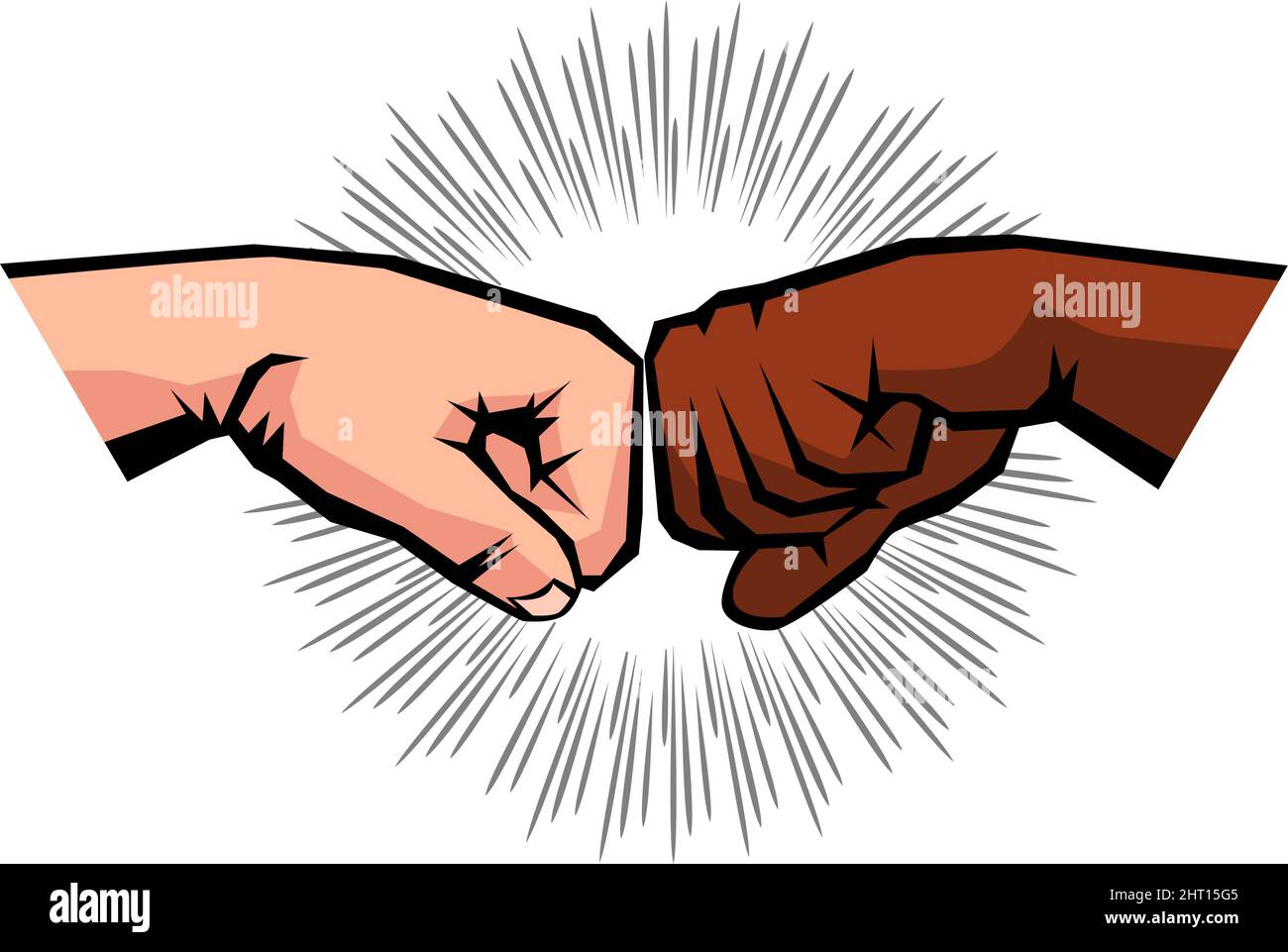 Begrüßung von zwei geballten Fäusten männlicher Hände. Interracial Freundschaft zwischen Schwarzen und Weißen. Vektor auf transparentem Hintergrund Stock Vektor