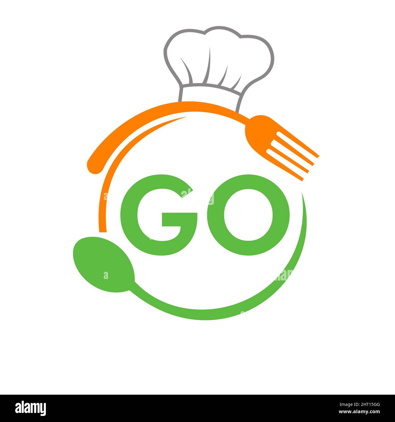 Logo des Restaurants „LETTER GO“ mit Kochlöffel und Gabel-Vorlage. Restaurant Logo auf Brief GO Barbecue, Cafe Logo Vektor Stock Vektor