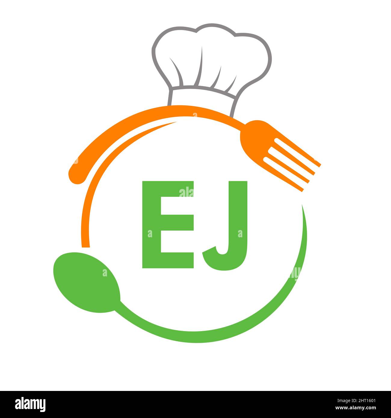 EJ Restaurant Logo mit Kochlöffel und Gabel-Vorlage. Restaurant Logo auf Brief EJ Barbecue, Cafe Logo Vector Stock Vektor