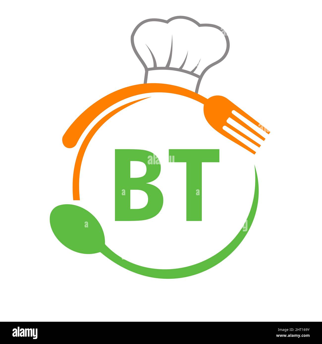 Logo des BT Restaurants mit Kochlöffel und Gabel-Vorlage. Restaurant Logo auf Brief BT Barbecue, Cafe Logo Vector Stock Vektor