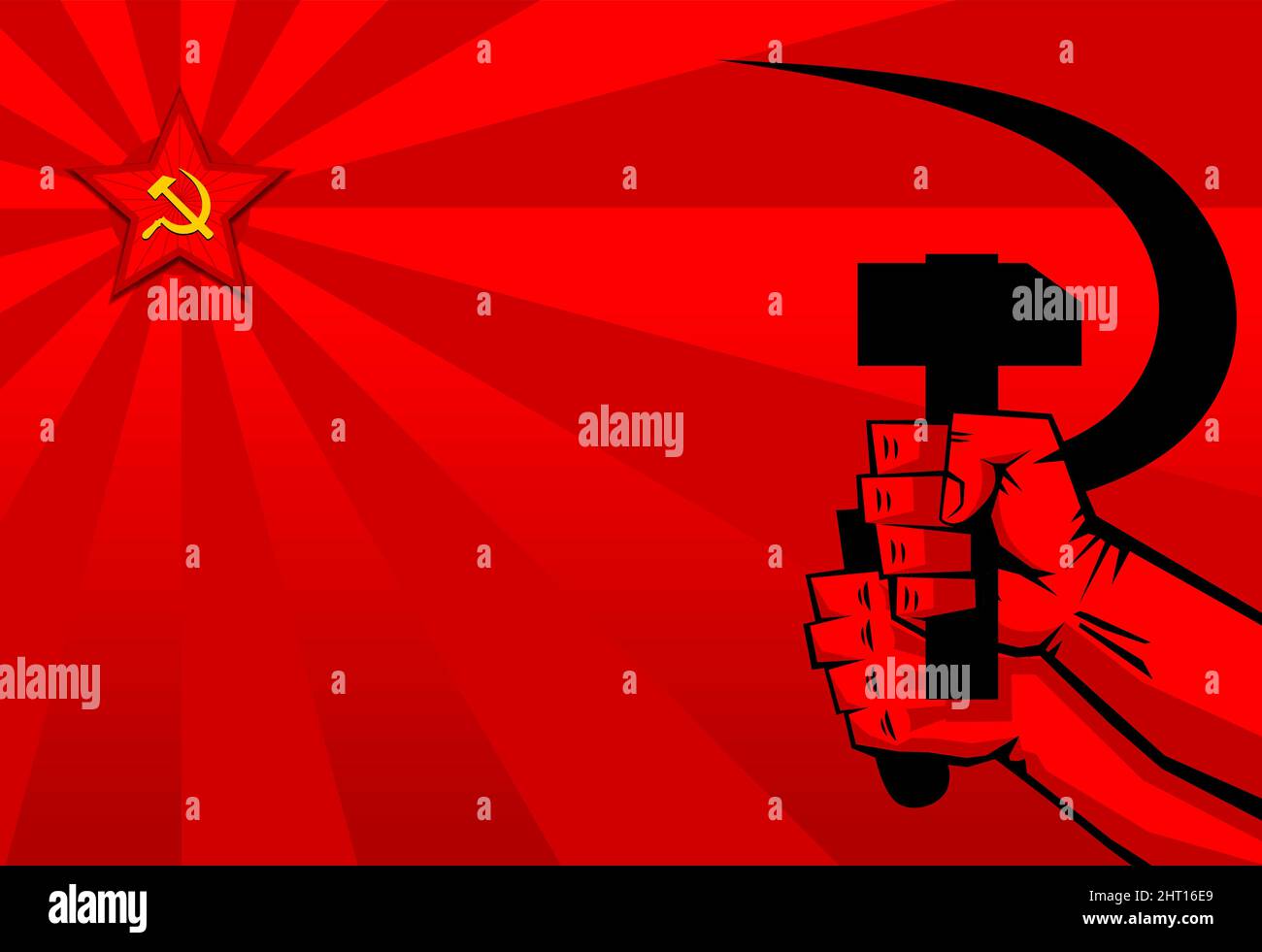 Rotes Propaganda-Poster im Retro-Stil. Sichel und Hammer in den Händen, sowjetischer Stern. Vektor Stock Vektor