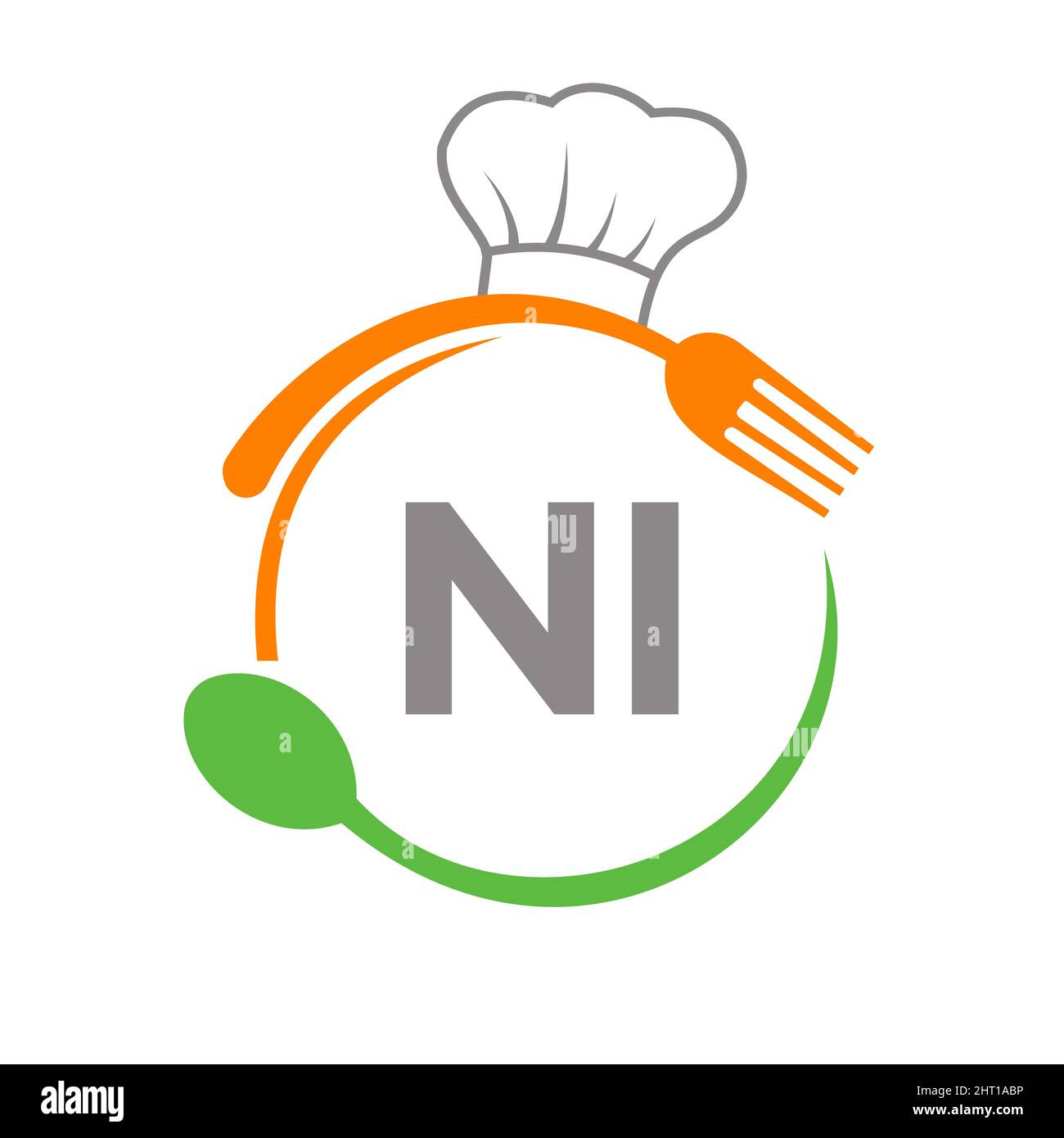 Logo des NI Restaurants mit Kochlöffel und Gabel-Vorlage. Restaurant Logo auf Brief NI Barbecue, Cafe Logo Vector Stock Vektor