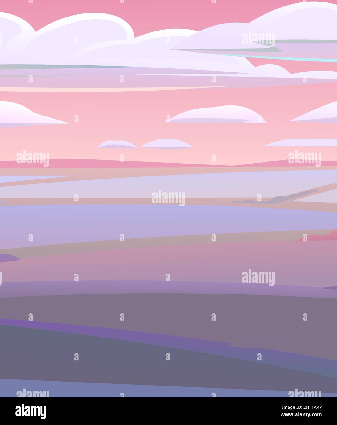 Abendlandschaft. Ländliche Landschaft schöne Aussicht. Dämmerung nach Sonnenuntergang. In rosa und lila Farben. Früh am Morgen vor Sonnenaufgang. Felder und Mea Stock Vektor