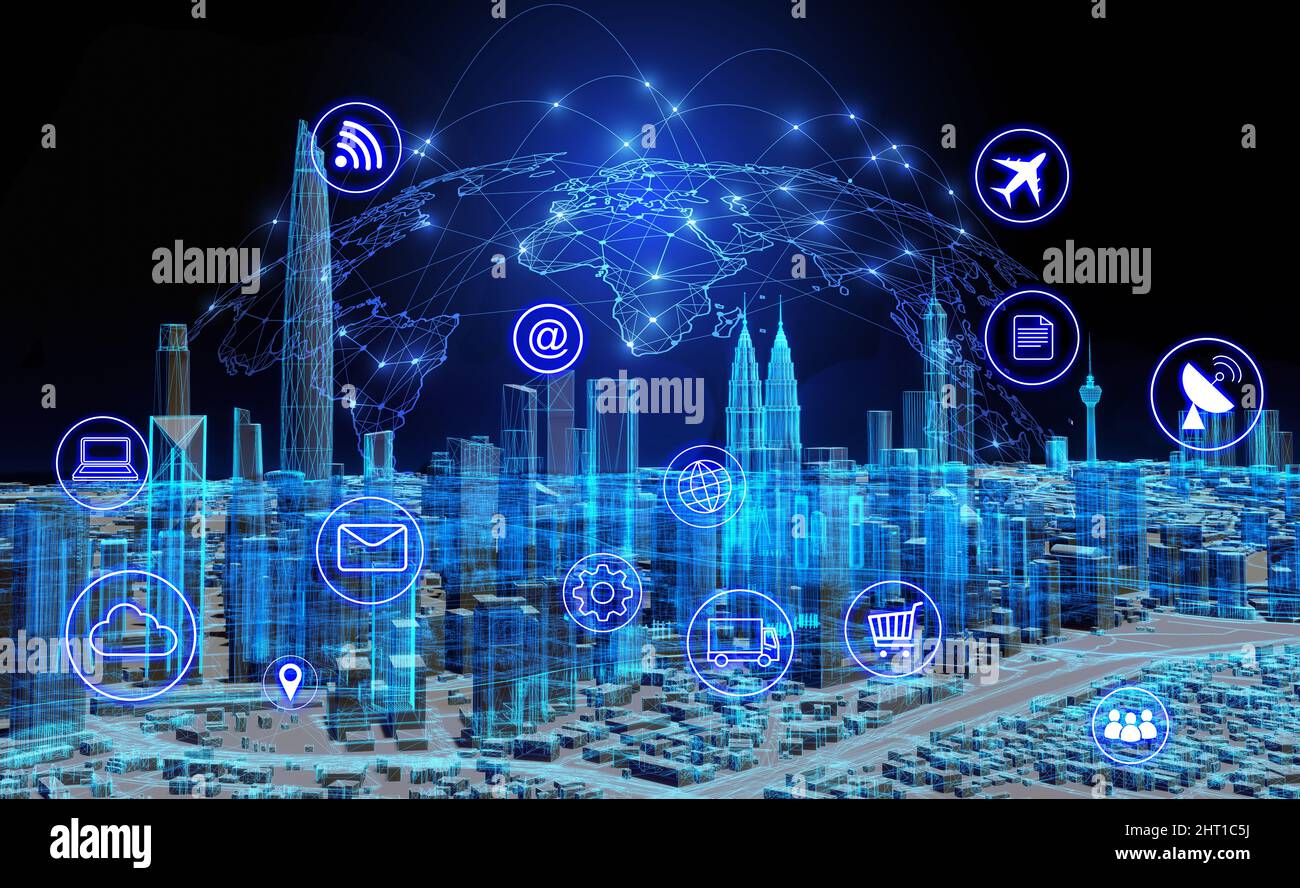 Abstract Internet of Things Concept City 5G.IOT Internet of Things Communication Network Innovation Technology Concept Icon. Schließen Sie drahtlose Geräte an Stockfoto
