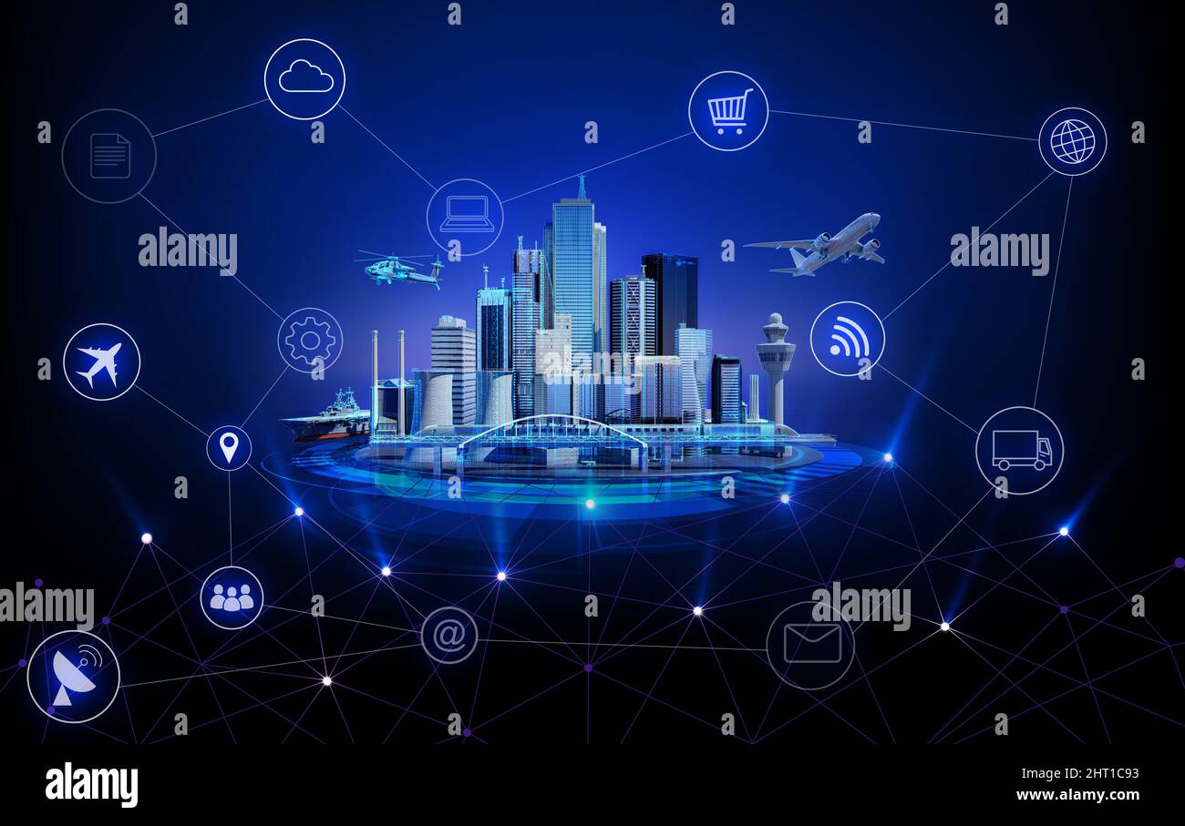 Abstract Internet of Things Concept City 5G.IOT Internet of Things Communication Network Innovation Technology Concept Icon. Schließen Sie drahtlose Geräte an Stockfoto