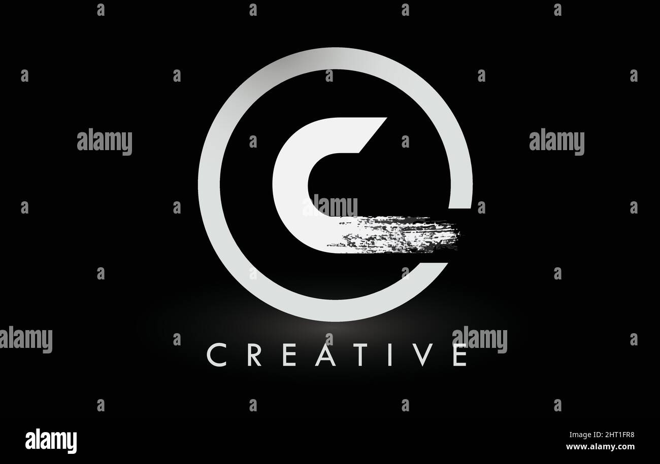 Weißer C-Pinsel mit Logo-Schriftzug und schwarzem Kreis. Creative Brushed Letters Icon Logo. Stock Vektor
